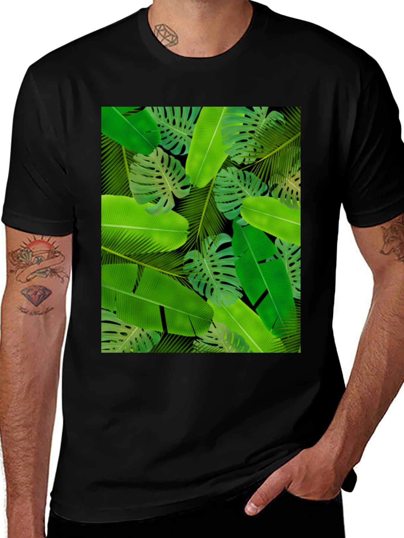 Tropical Leaves Print Black T-Shirt