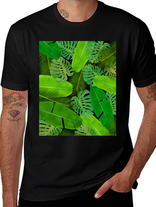 Tropical Leaves Print Black T-Shirt