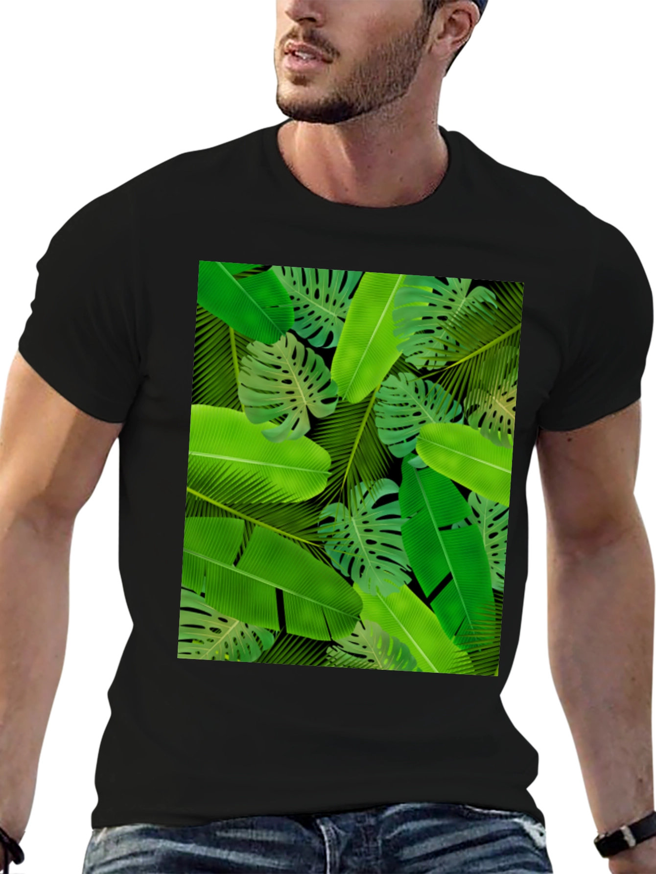 Tropical Leaves Print Black T-Shirt