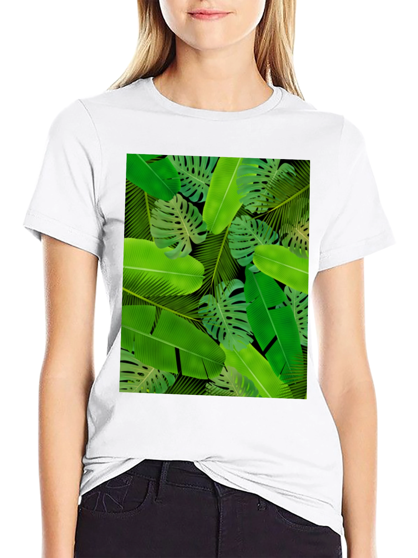 Tropical Leaves Print Black T-Shirt