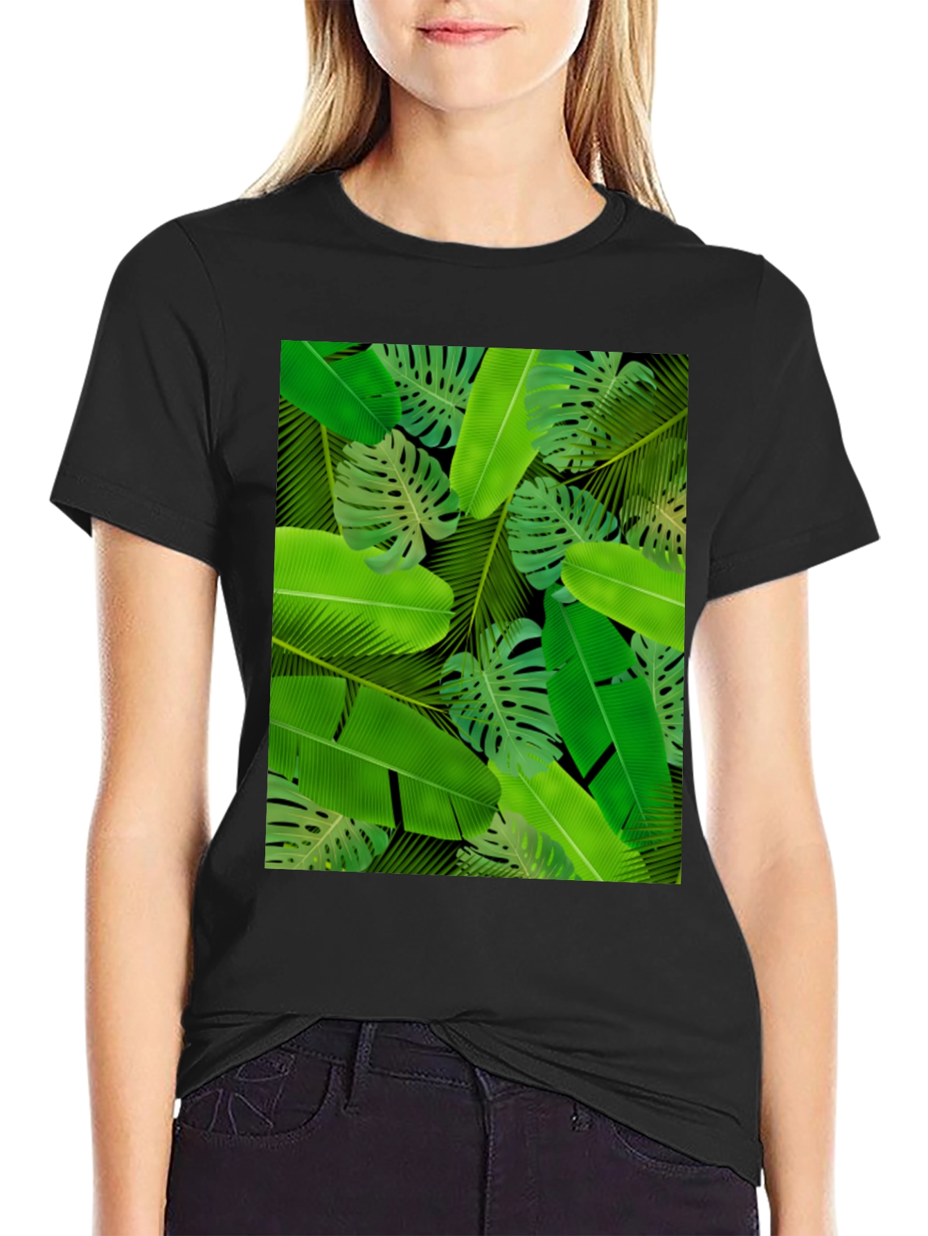 Tropical Leaves Print Black T-Shirt