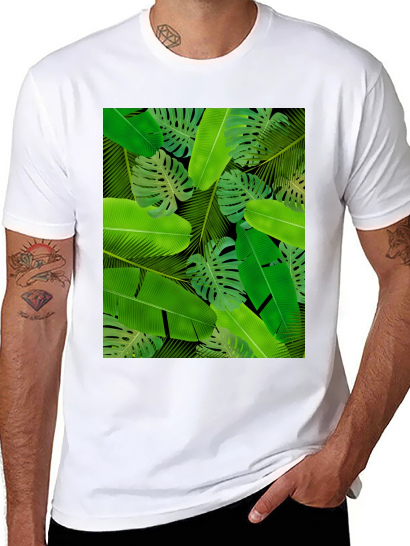 Tropical Leaves Print Black T-Shirt