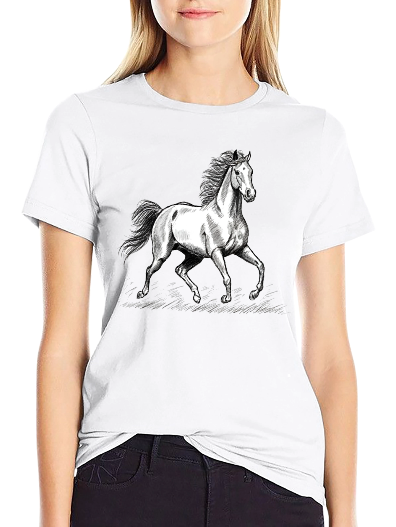 Horse Graphic Tee - Black Cotton Casual T-Shirt