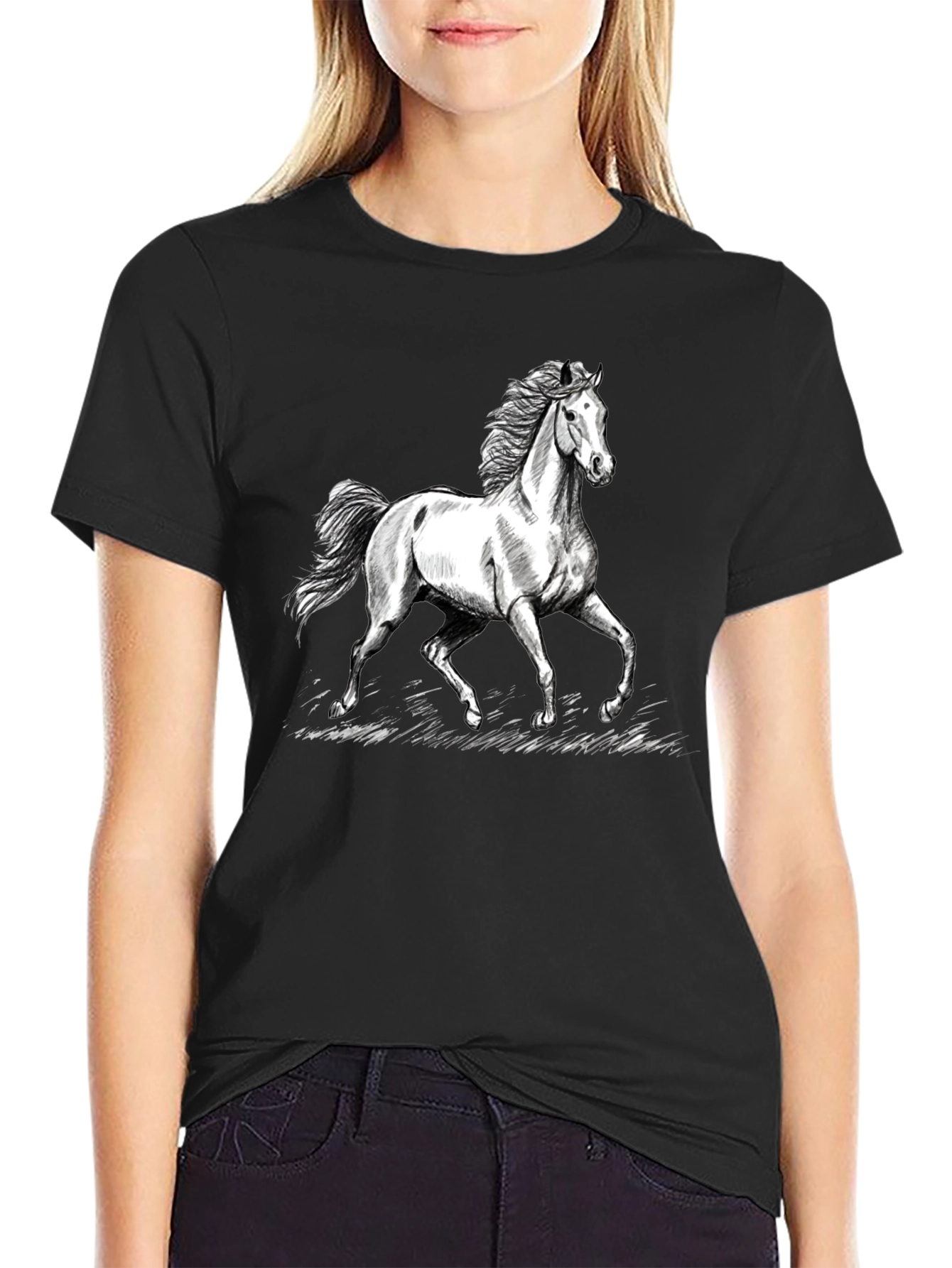 Horse Graphic Tee - Black Cotton Casual T-Shirt