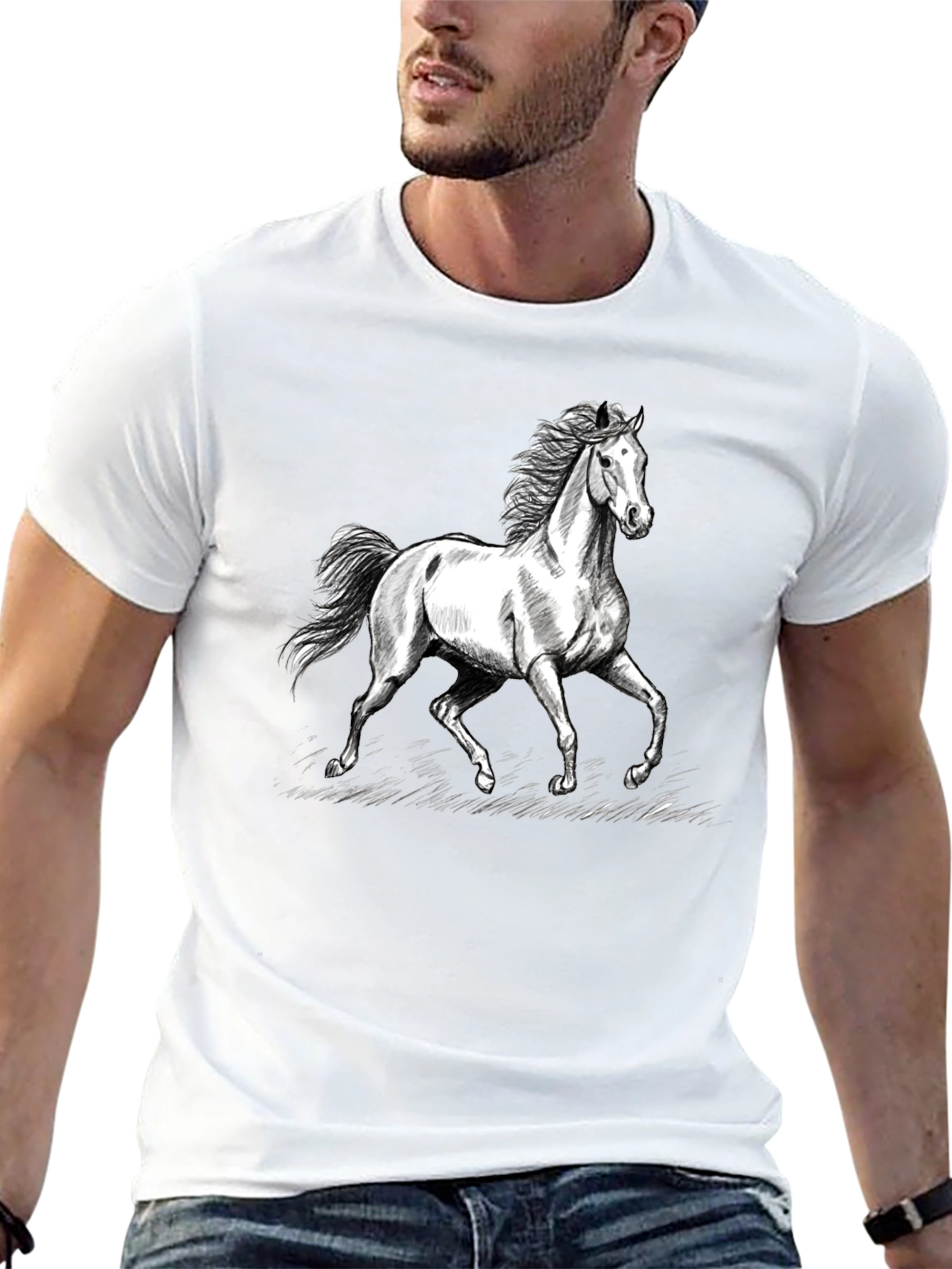Horse Graphic Tee - Black Cotton Casual T-Shirt