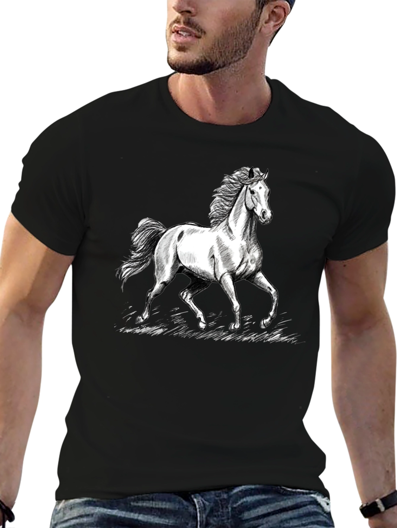 Horse Graphic Tee - Black Cotton Casual T-Shirt