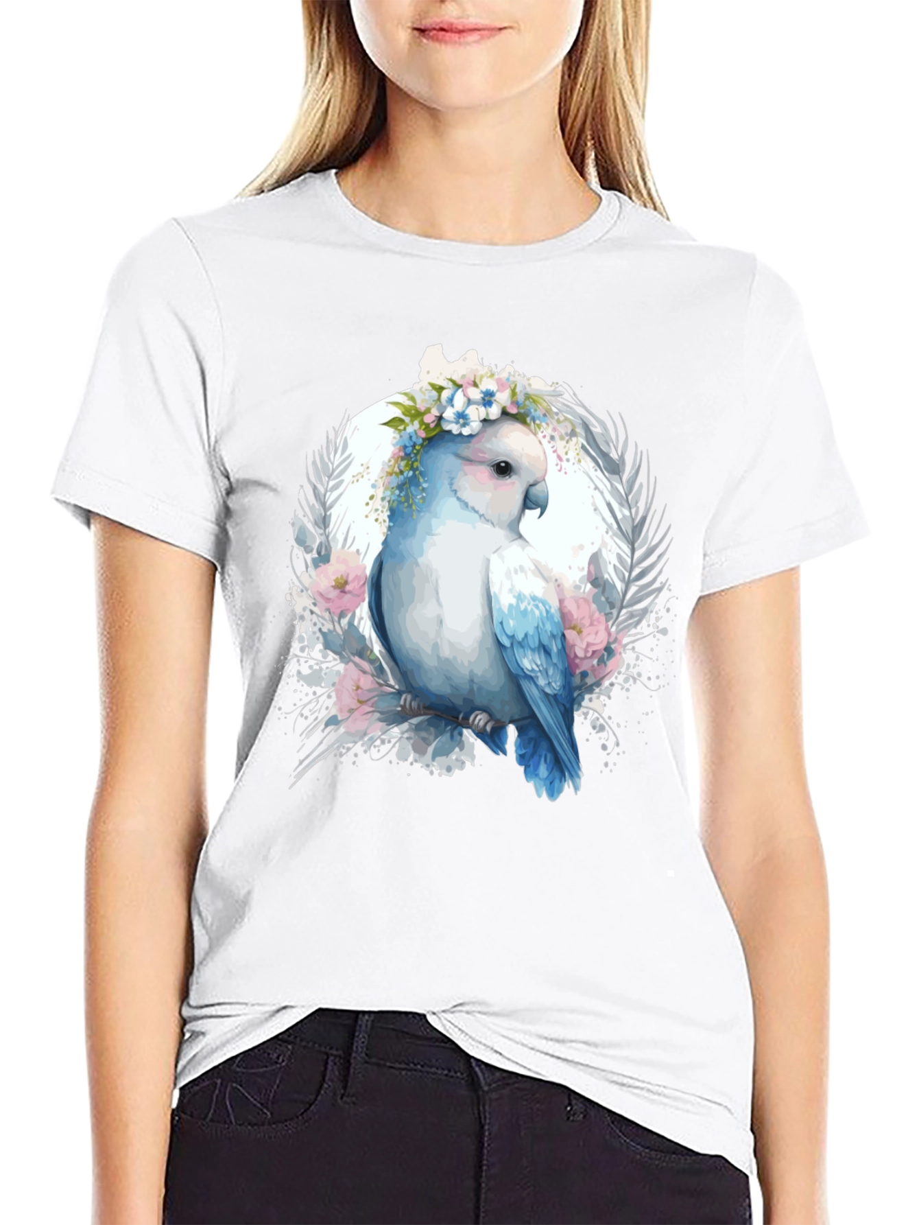 Floral Parrot Graphic Tee - Unique Bird Design