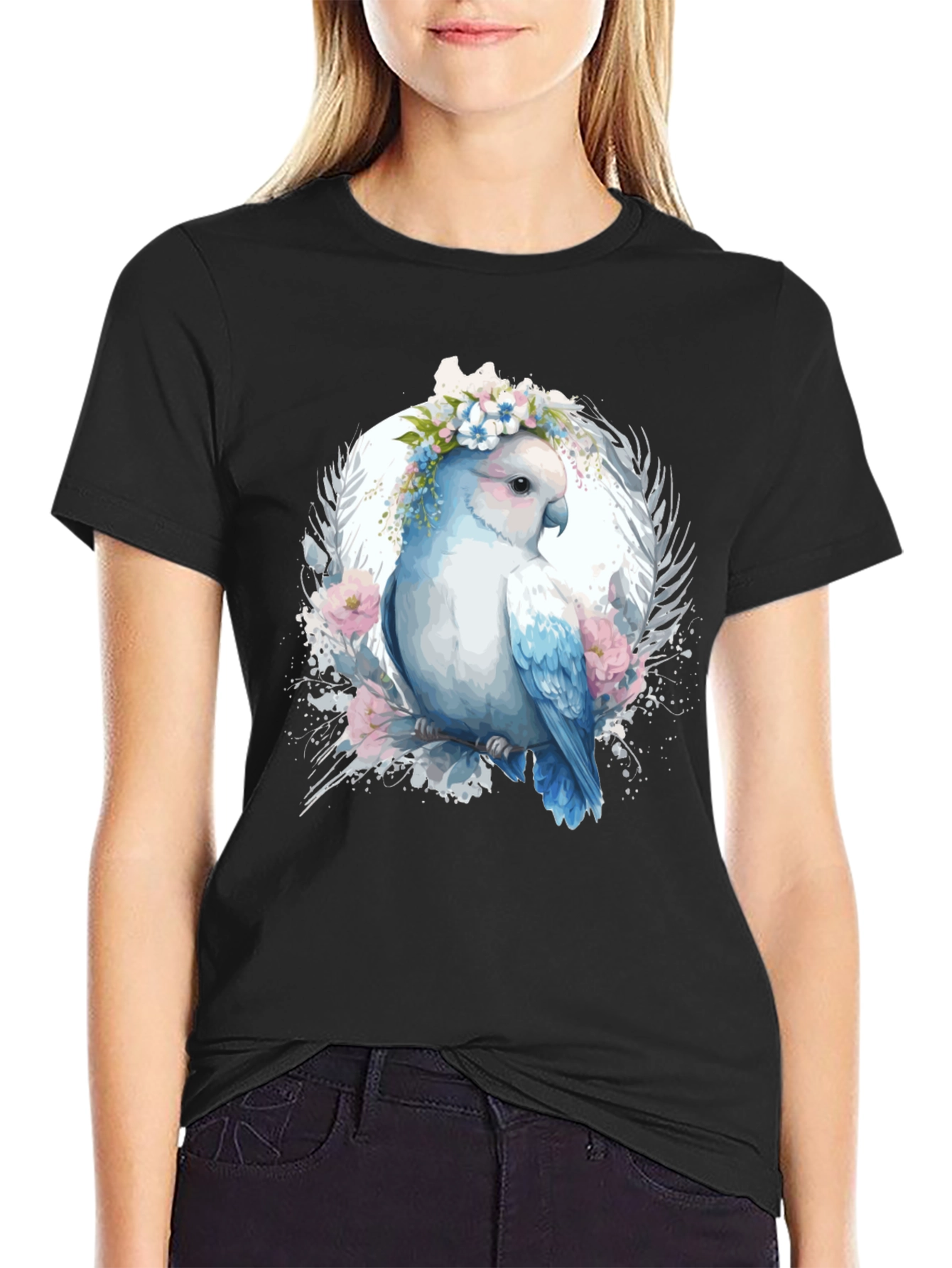 Floral Parrot Graphic Tee - Unique Bird Design