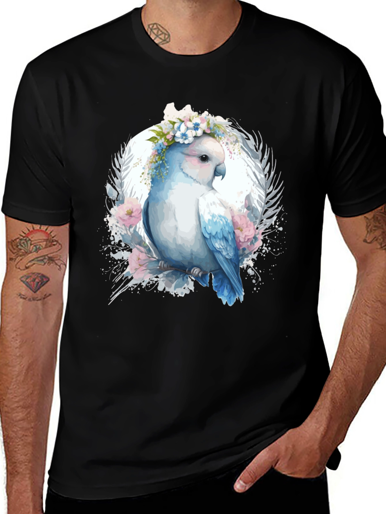 Floral Parrot Graphic Tee - Unique Bird Design