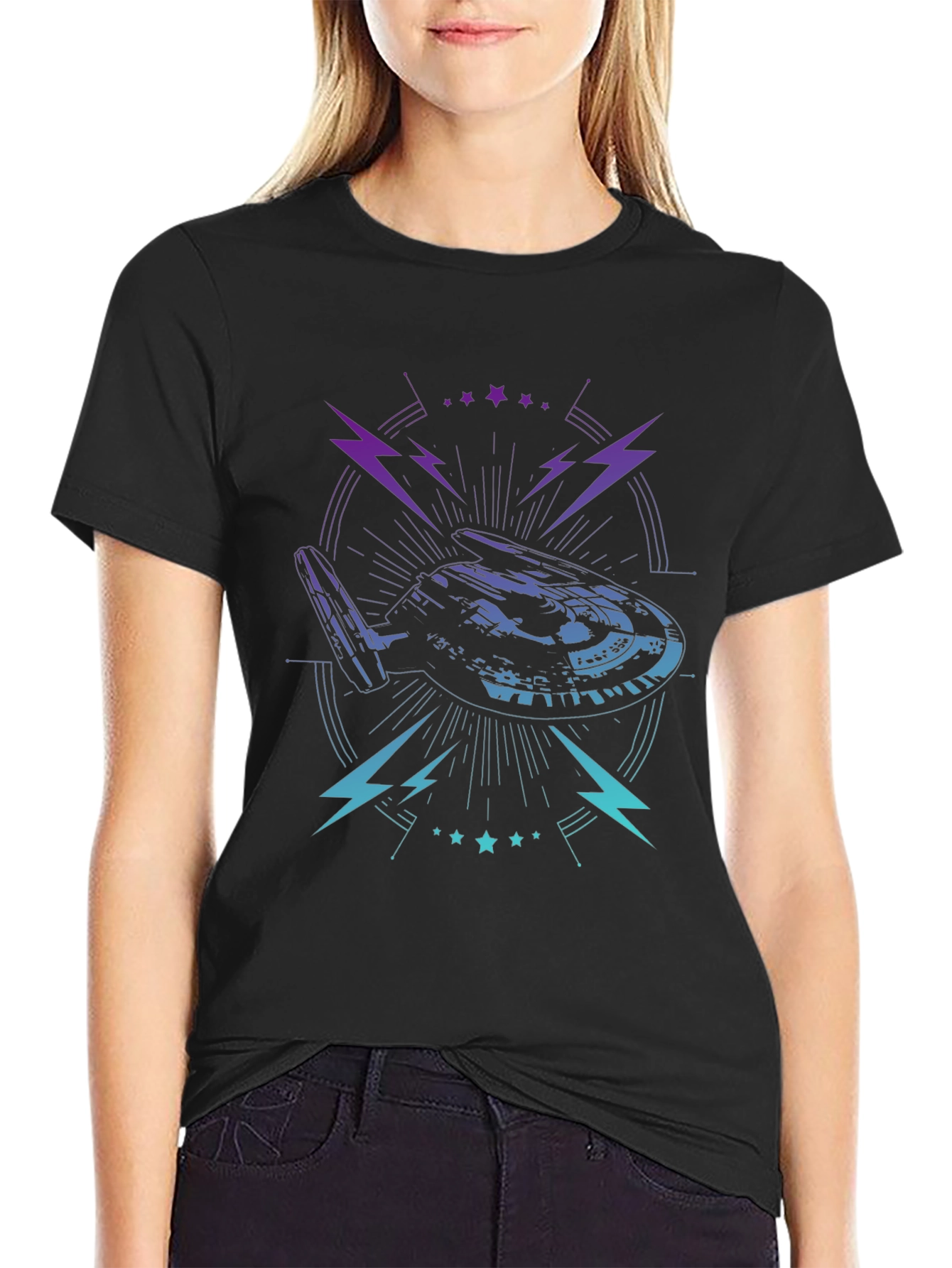 Sci-Fi Spaceship Graphic Tee - Black Cotton T-Shirt