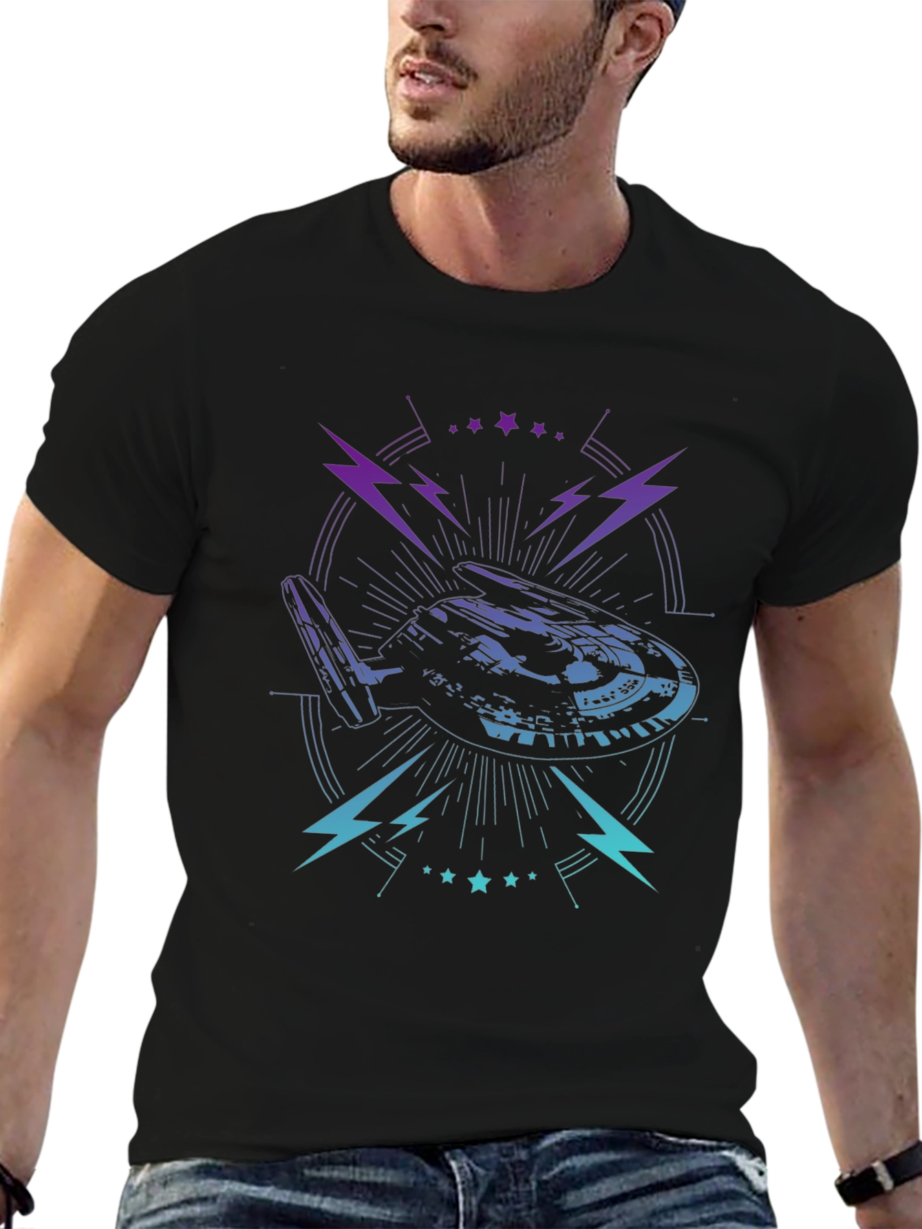 Sci-Fi Spaceship Graphic Tee - Black Cotton T-Shirt