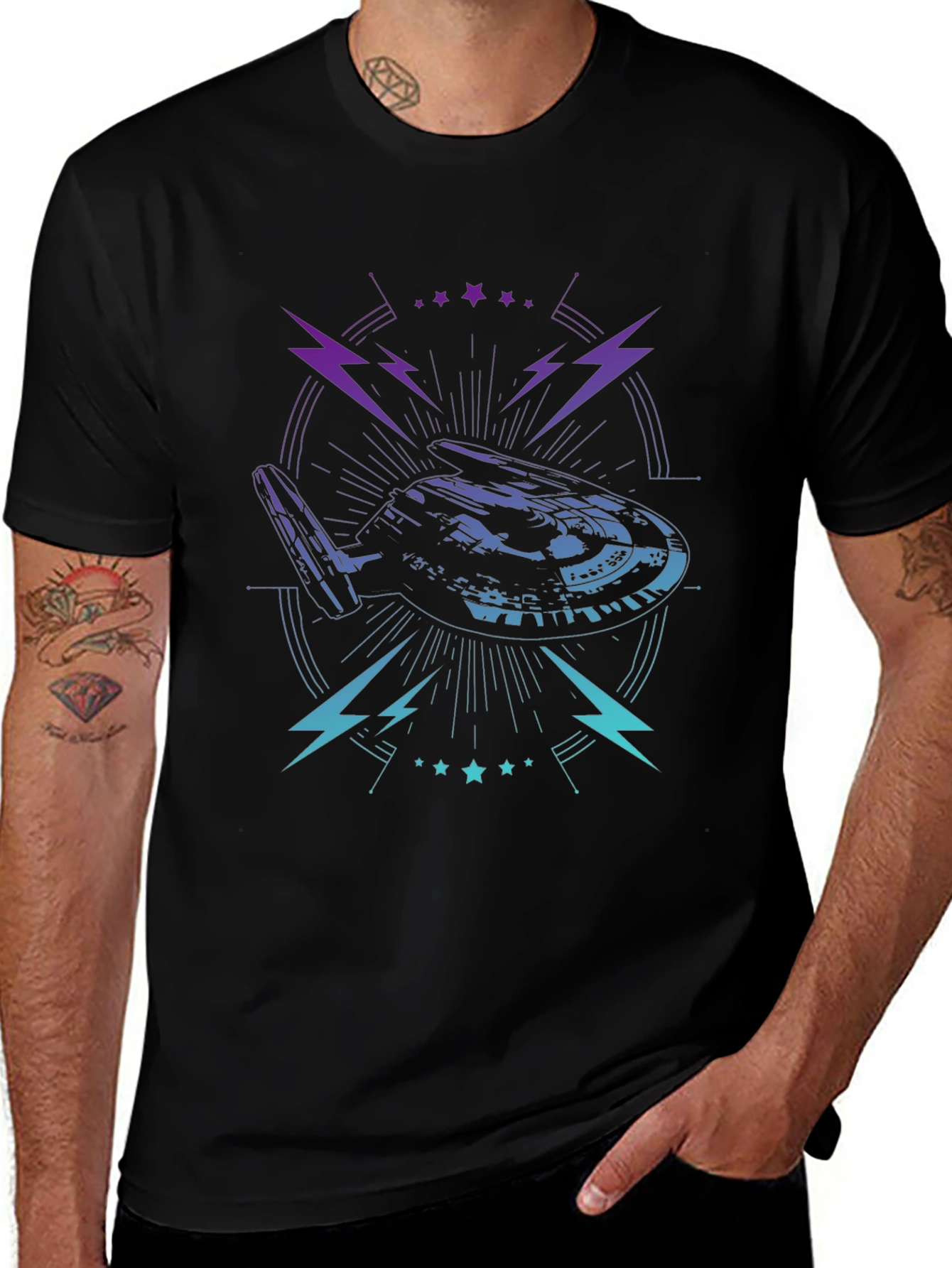 Sci-Fi Spaceship Graphic Tee - Black Cotton T-Shirt
