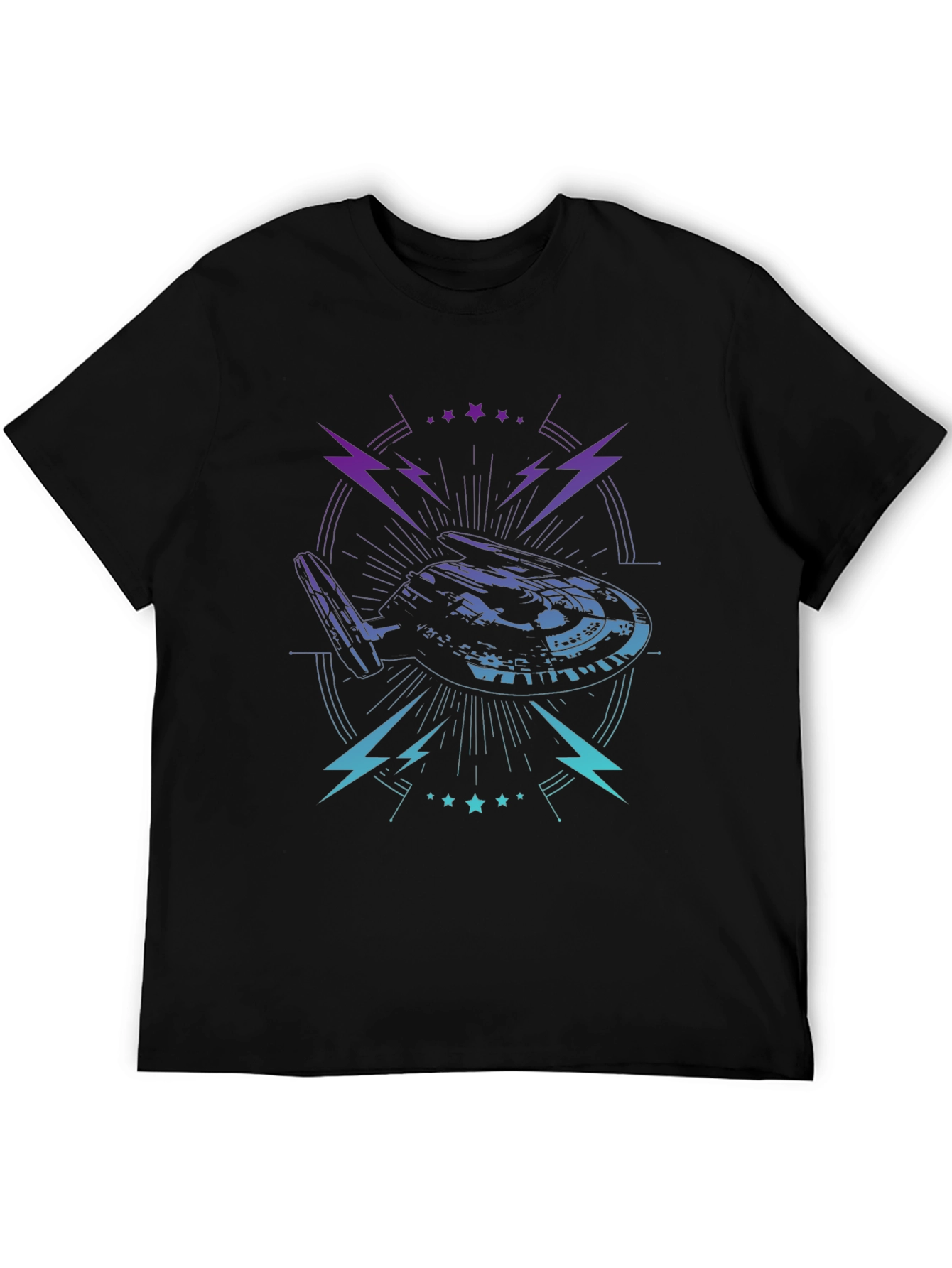 Sci-Fi Spaceship Graphic Tee - Black Cotton T-Shirt