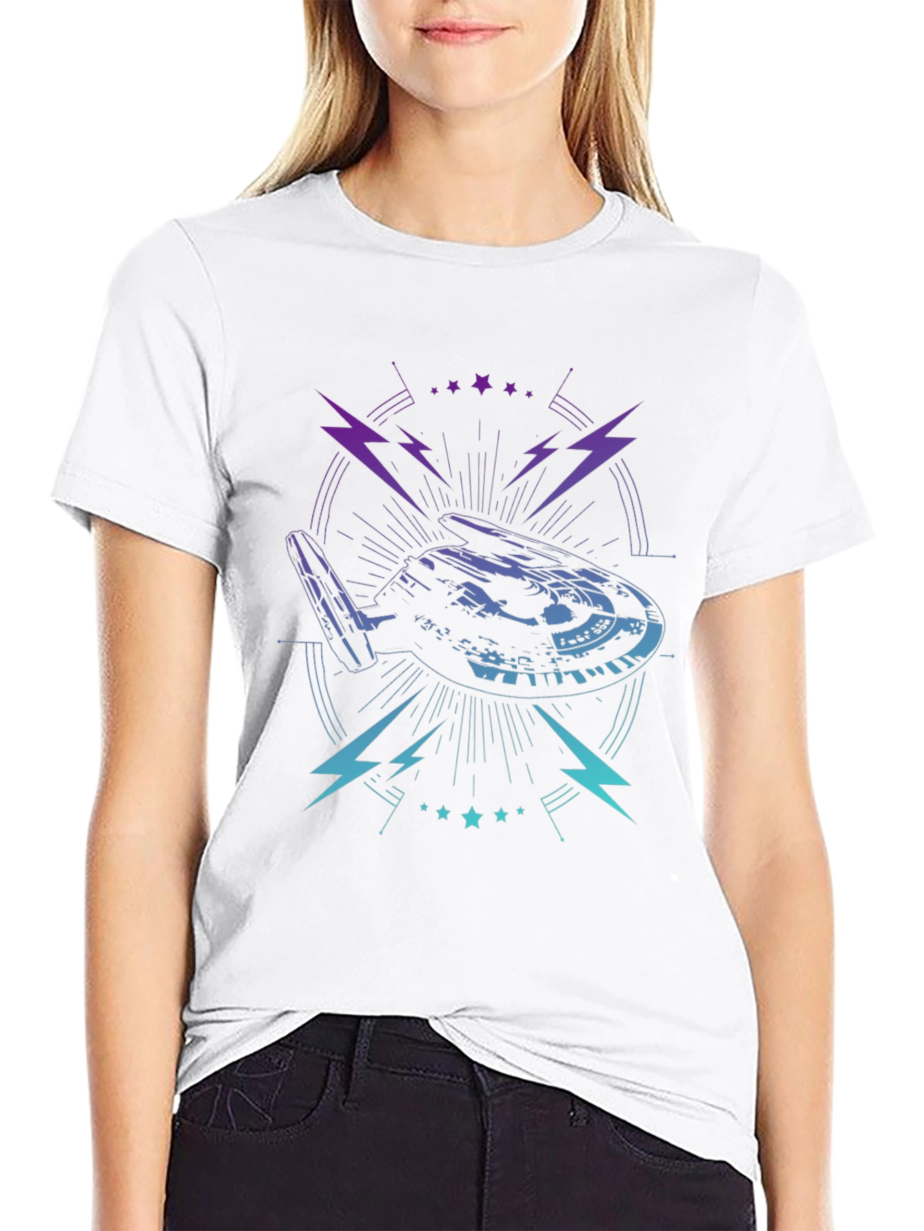 Sci-Fi Spaceship Graphic Tee - Black Cotton T-Shirt