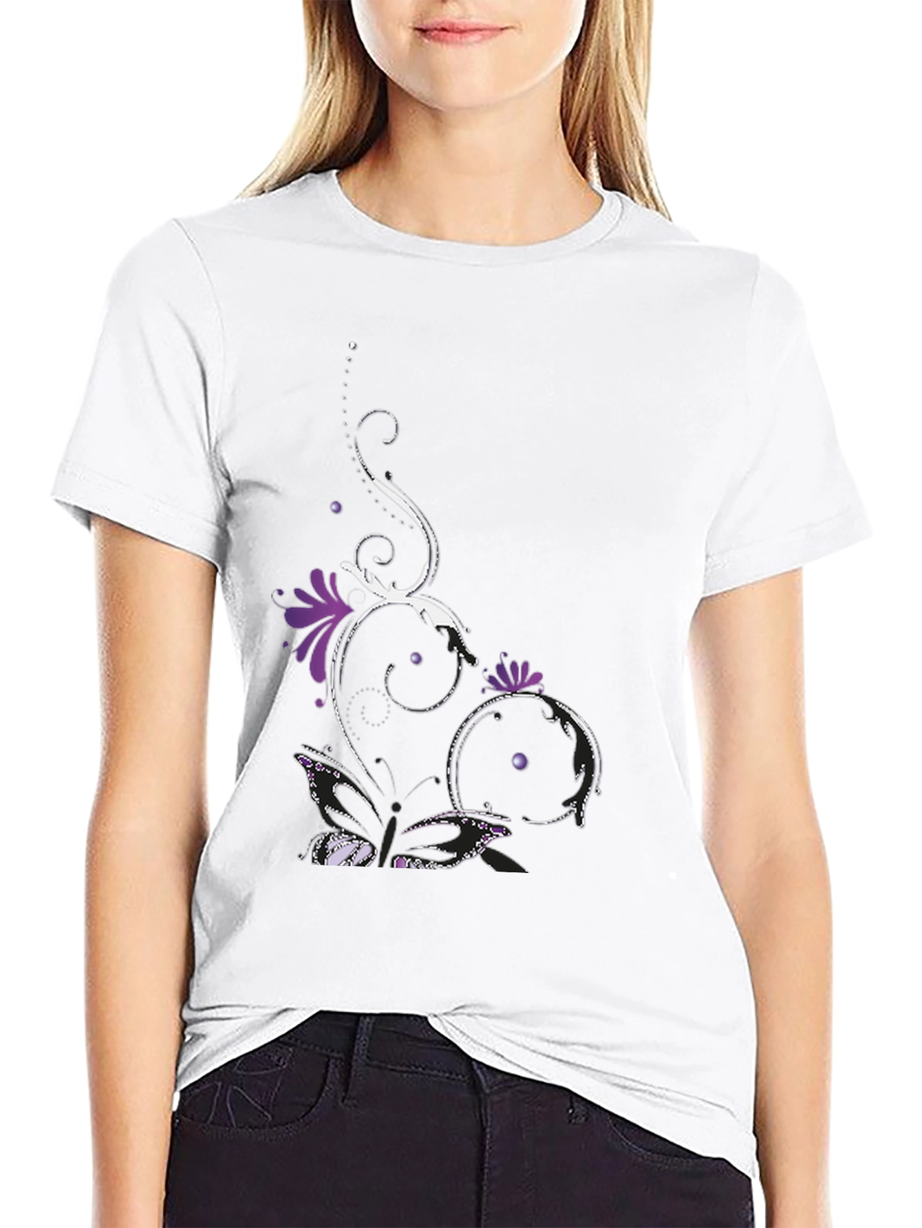 Stylish Black Tee with Floral Butterfly Design