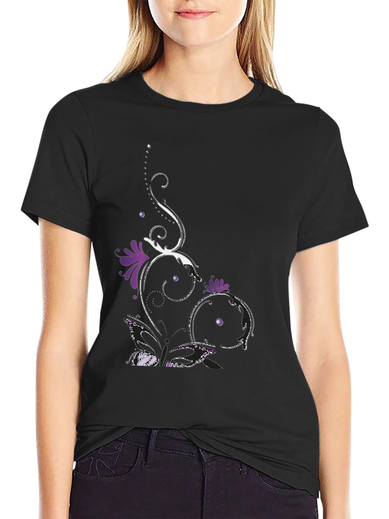 Stylish Black Tee with Floral Butterfly Design