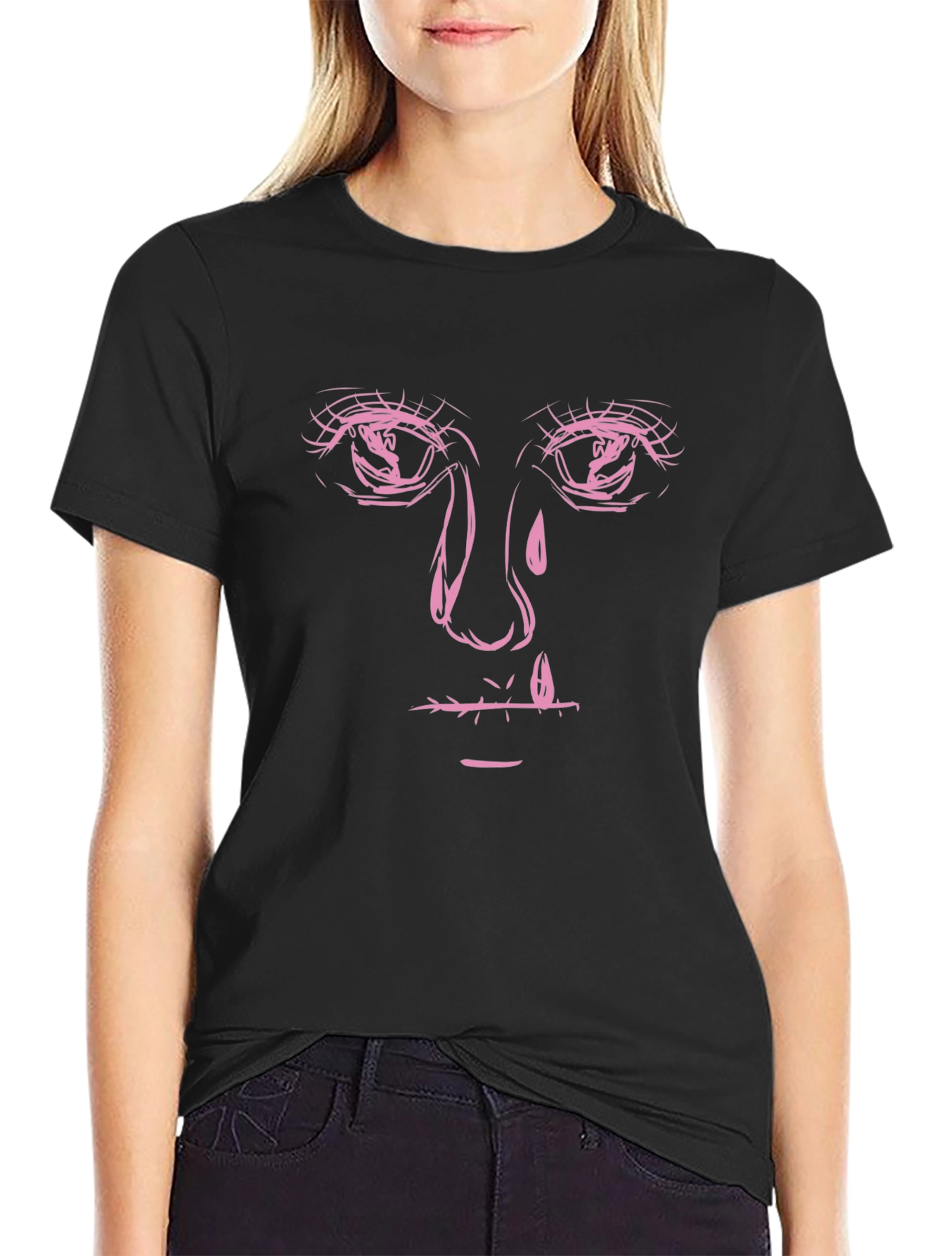 Black Graphic Tee with Pink Face Print