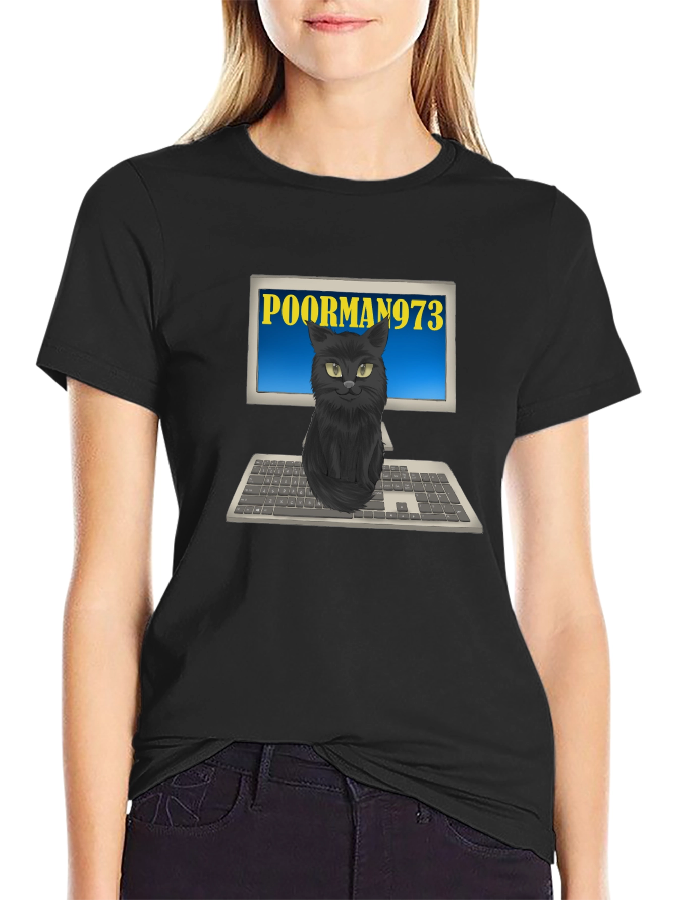 PoorMan973 Cat on Computer T-Shirt