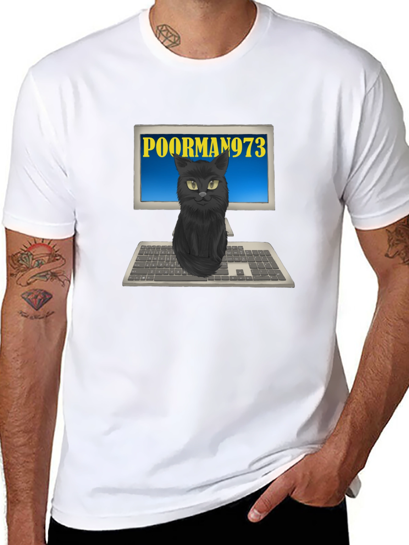 PoorMan973 Cat on Computer T-Shirt