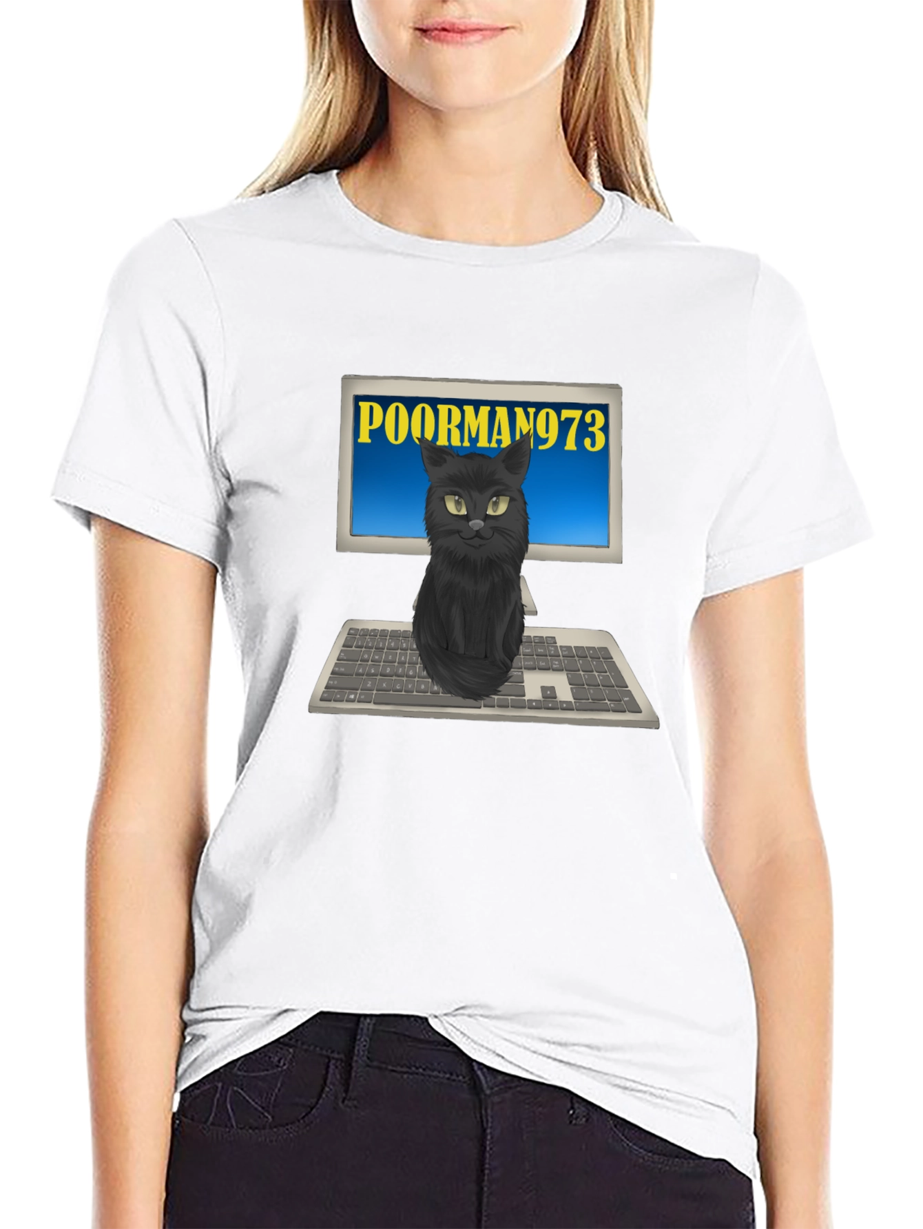 PoorMan973 Cat on Computer T-Shirt