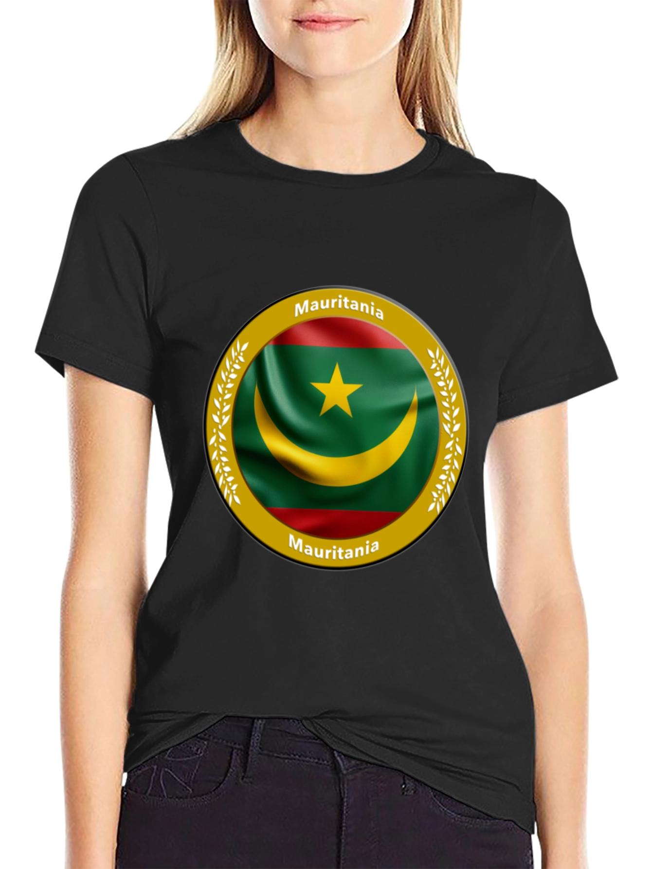 Mauritania Flag Graphic Print Black T-Shirt