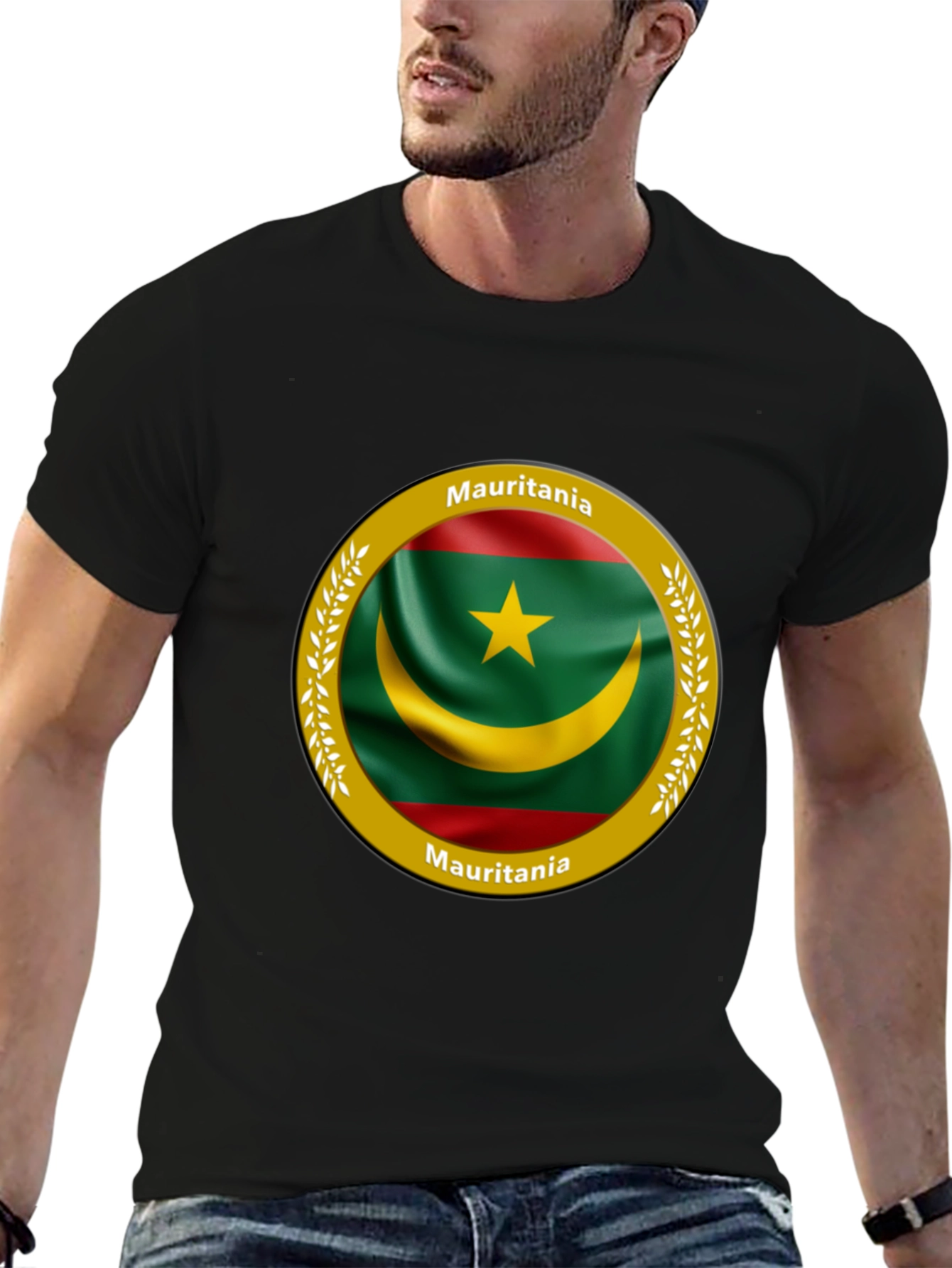 Mauritania Flag Graphic Print Black T-Shirt