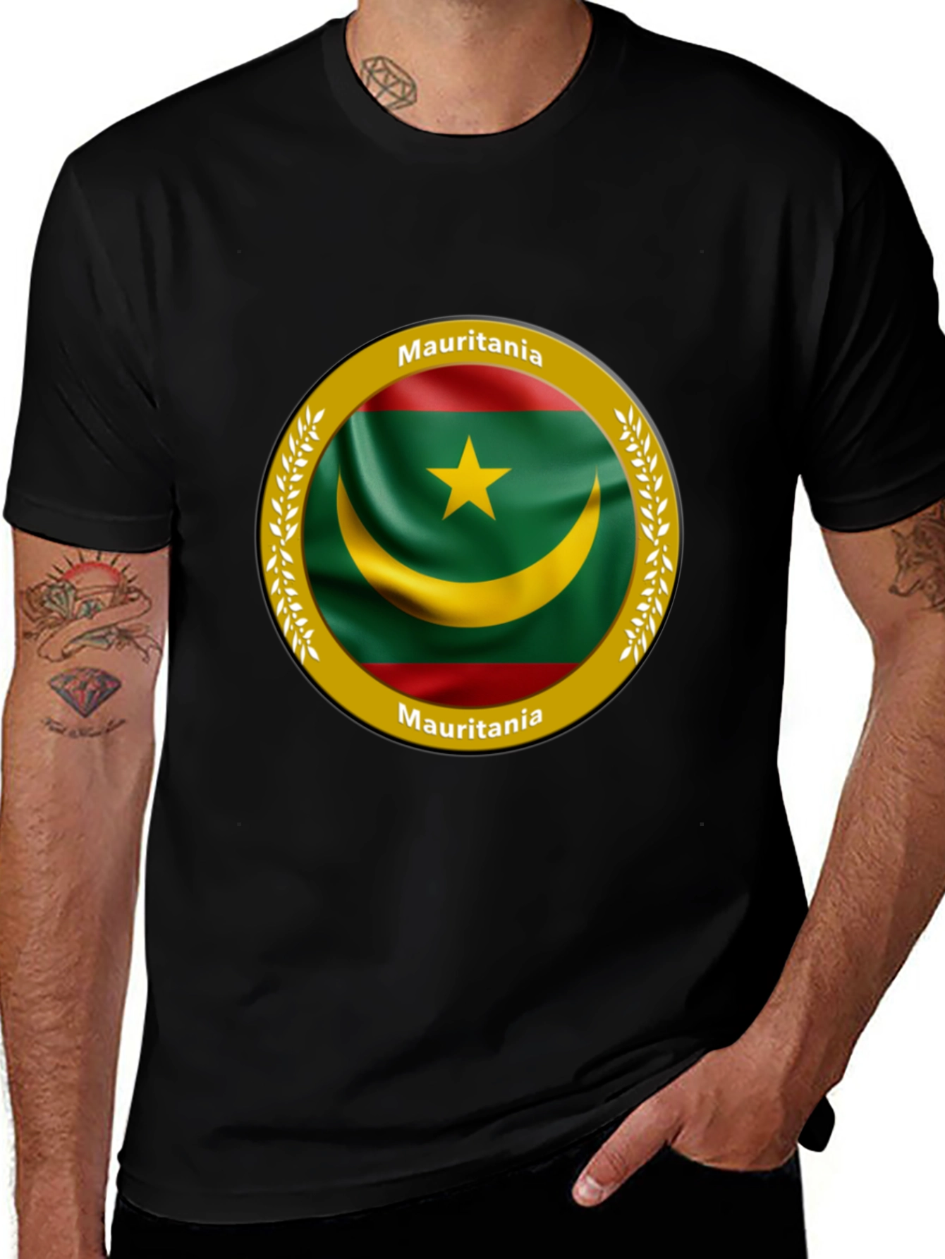 Mauritania Flag Graphic Print Black T-Shirt