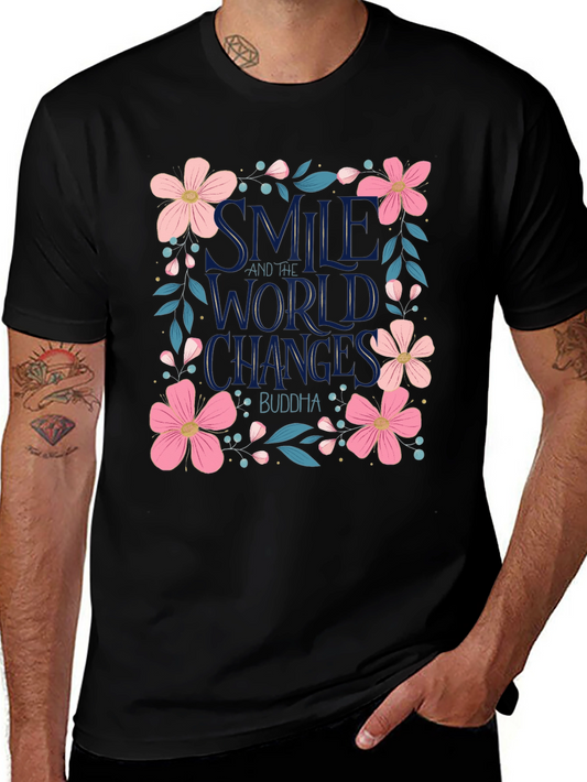 Floral Smile World Changes Buddha Black T-Shirt