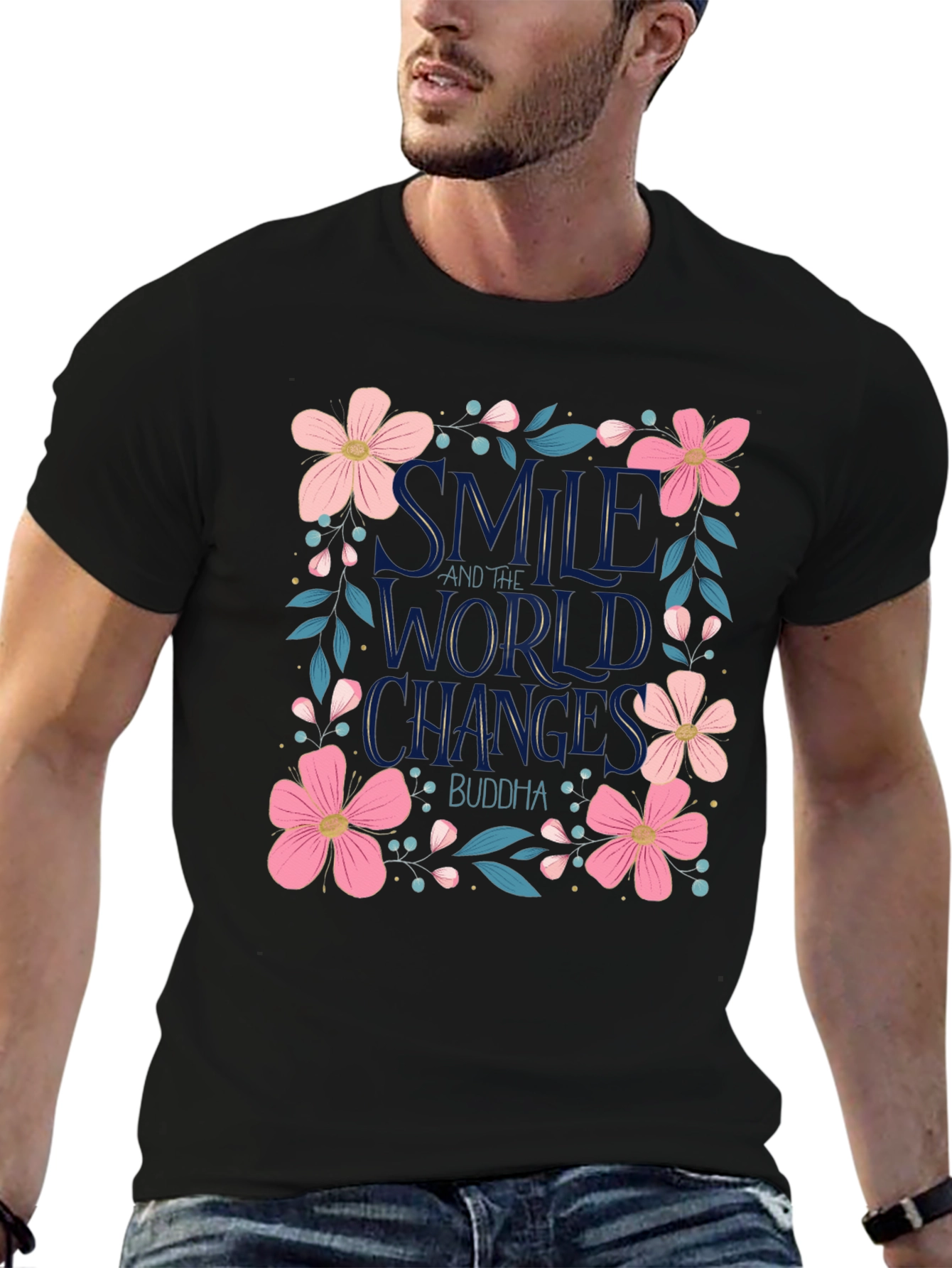 Floral Smile World Changes Buddha Black T-Shirt