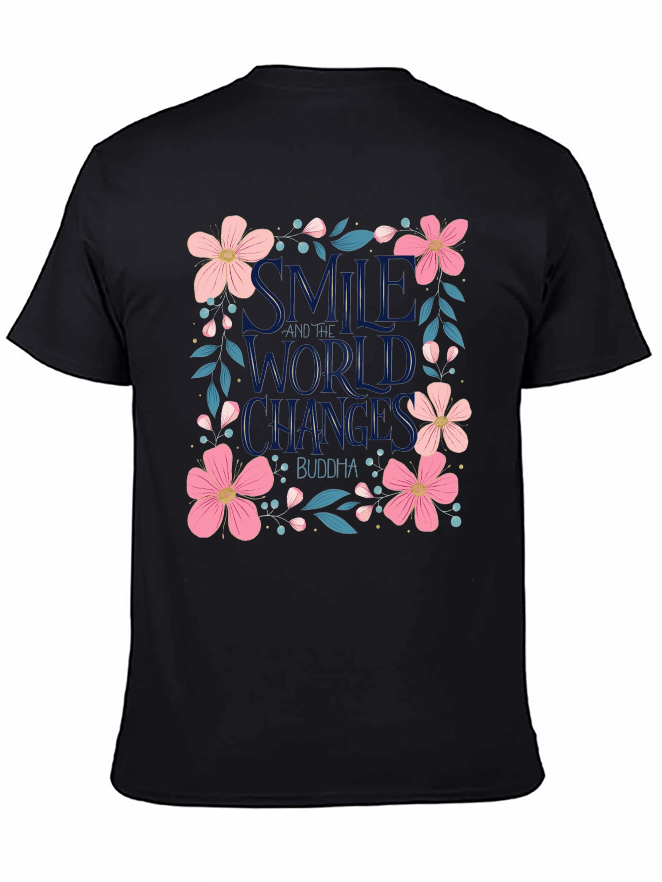 Floral Smile World Changes Buddha Black T-Shirt