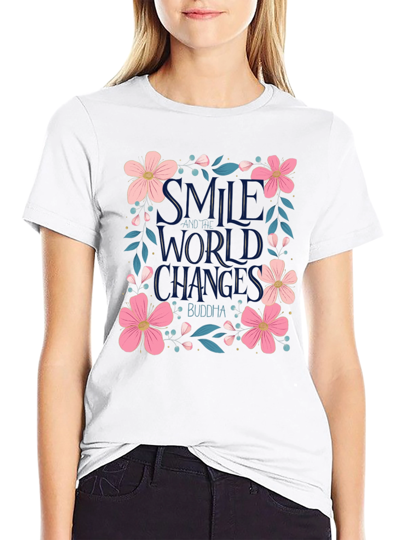 Floral Smile World Changes Buddha Black T-Shirt