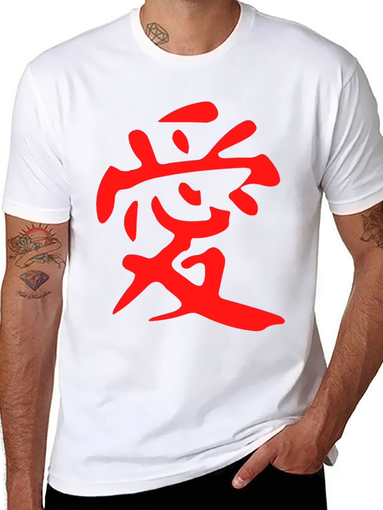 Black T-Shirt with Red Japanese Kanji Love Design
