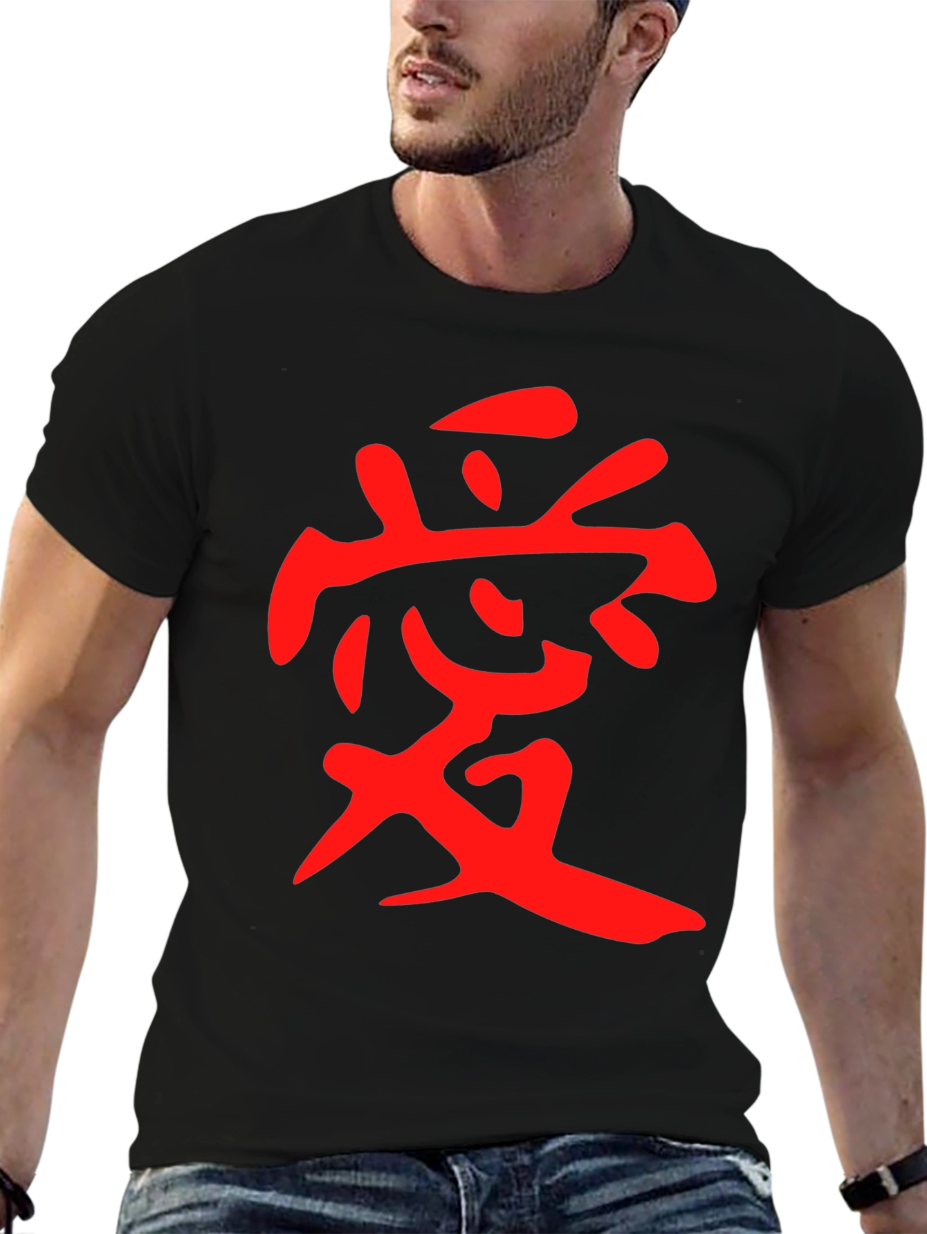 Black T-Shirt with Red Japanese Kanji Love Design