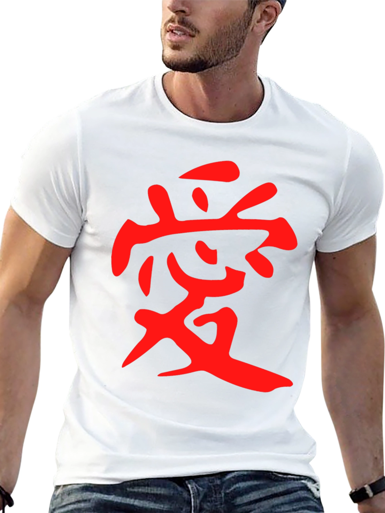 Black T-Shirt with Red Japanese Kanji Love Design
