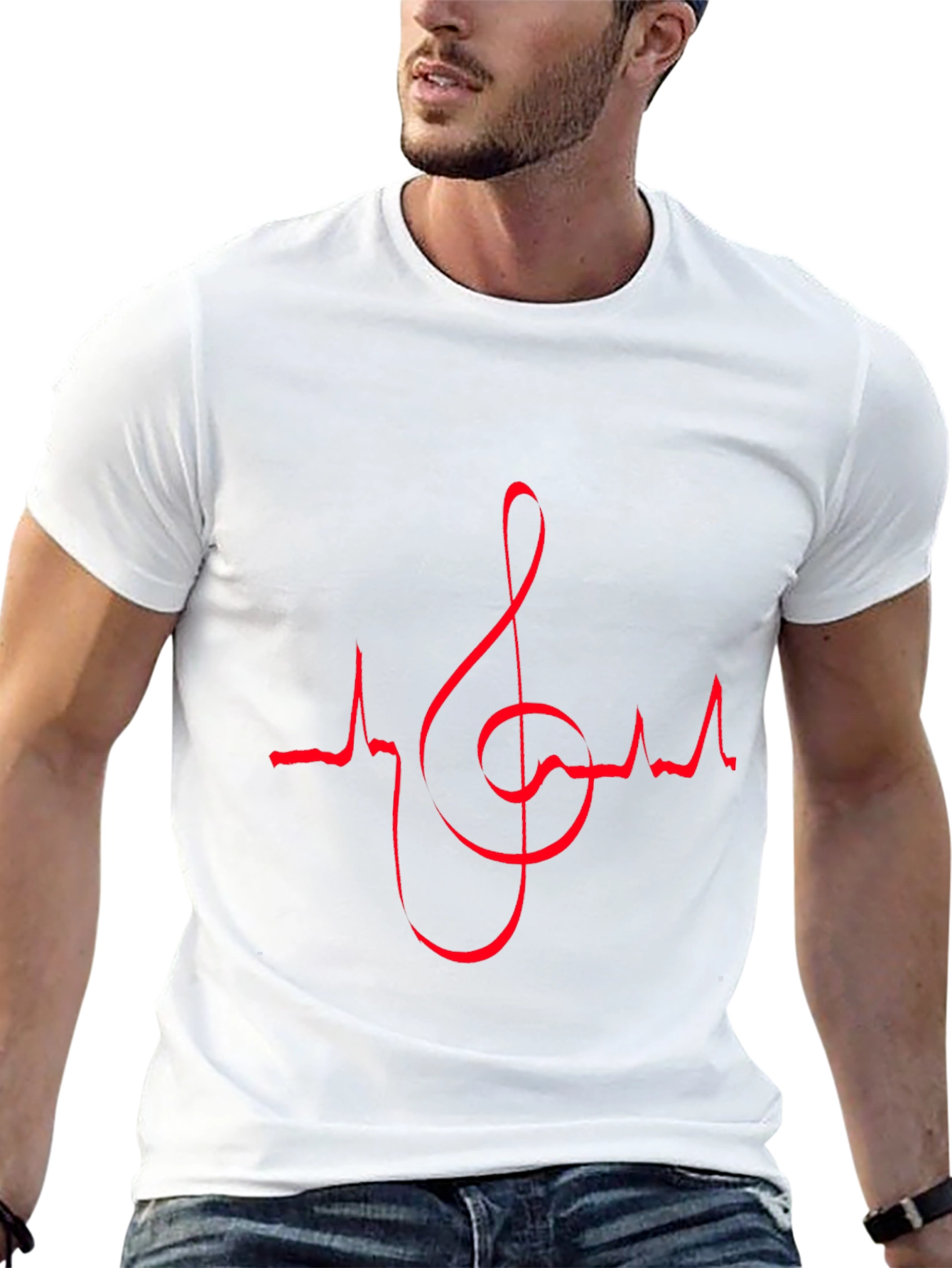 Music Lovers Black T-Shirt with Red Heartbeat Treble Clef