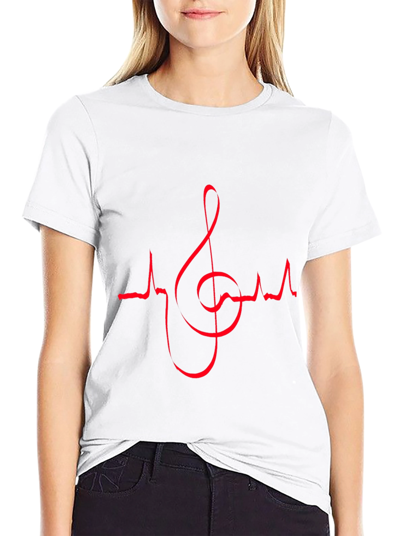 Music Lovers Black T-Shirt with Red Heartbeat Treble Clef