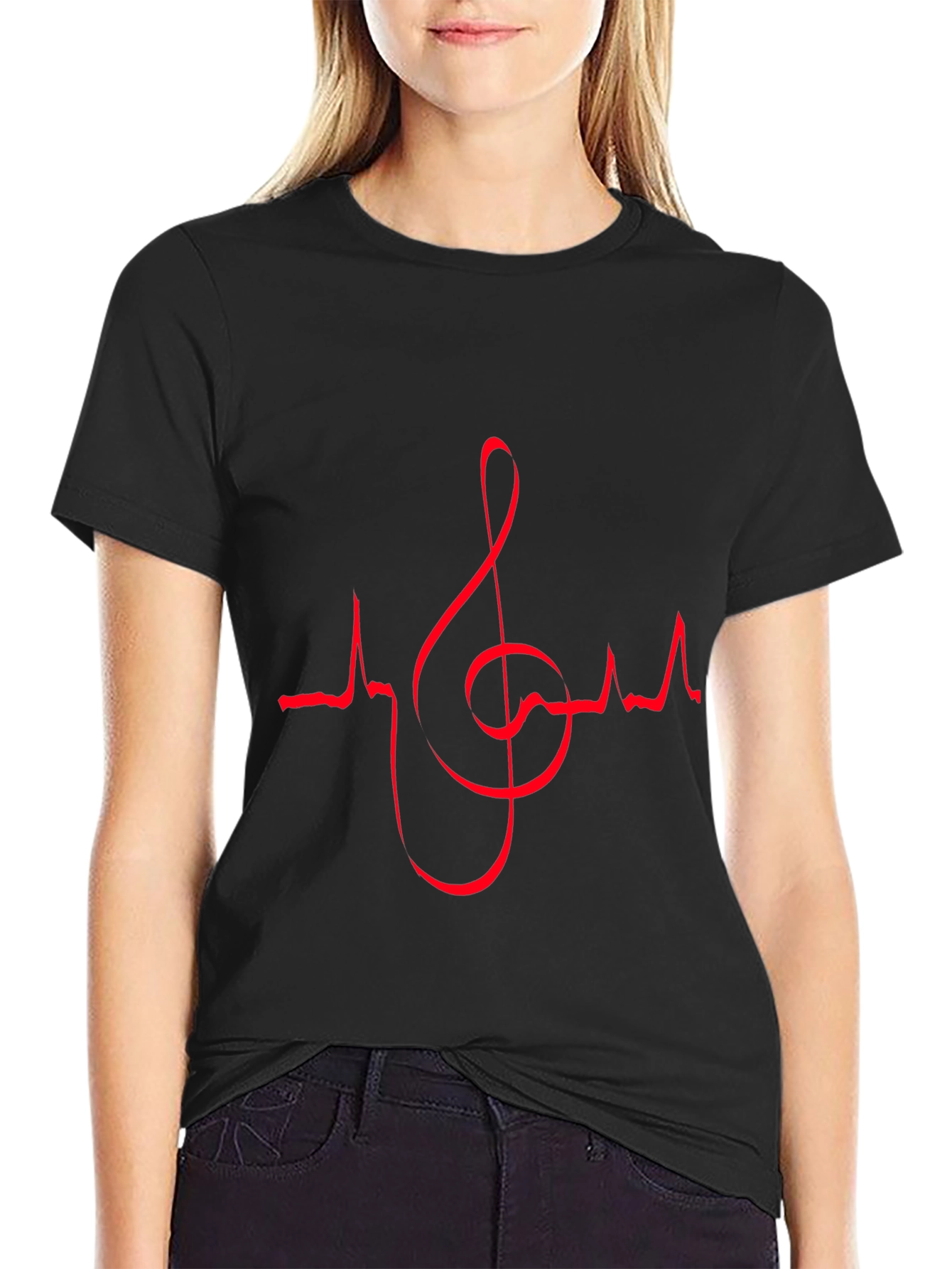 Music Lovers Black T-Shirt with Red Heartbeat Treble Clef