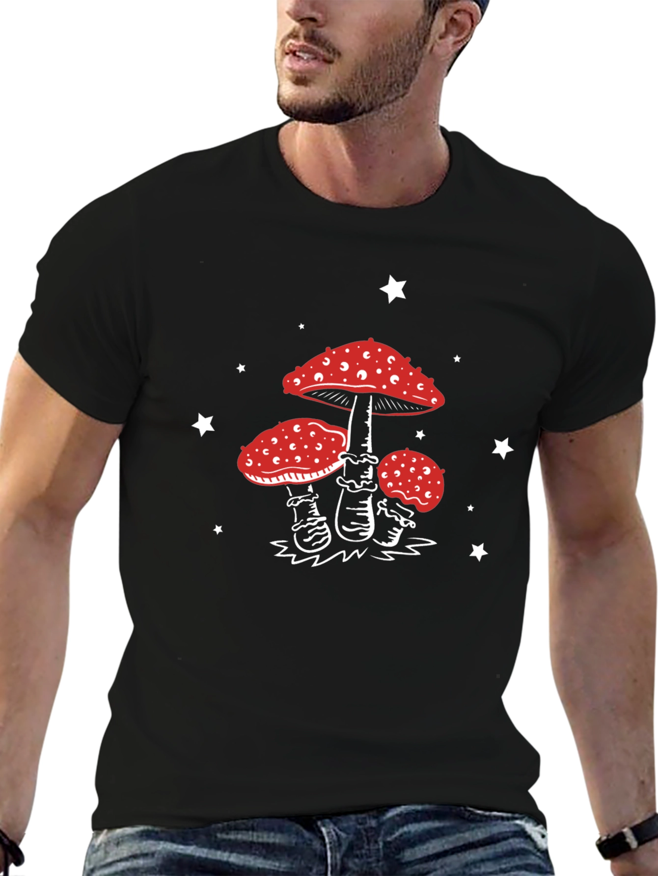 Mushroom Star Graphic Tee - Black Cotton Blend