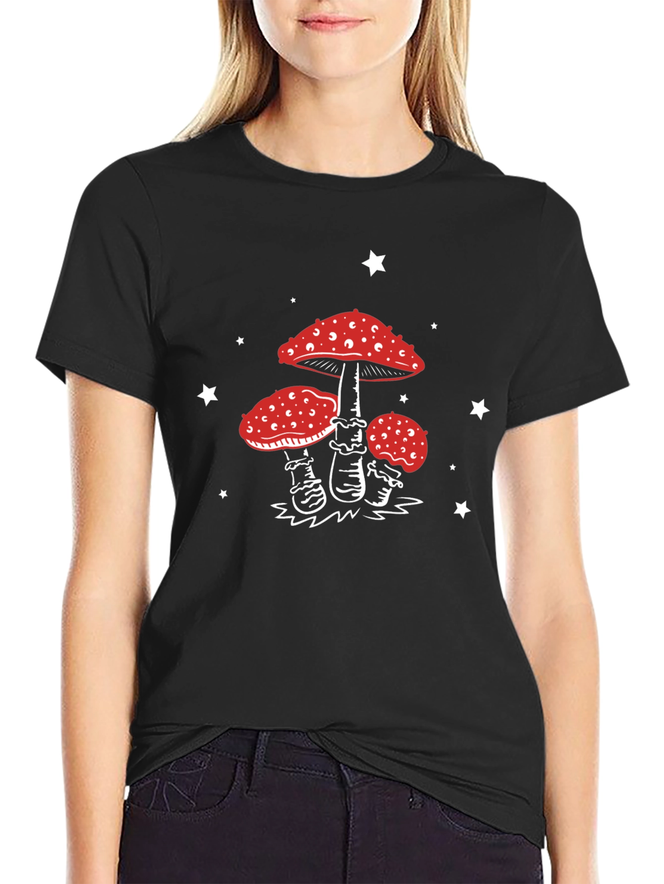 Mushroom Star Graphic Tee - Black Cotton Blend