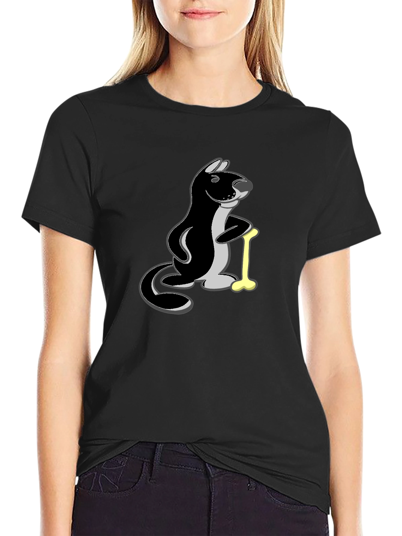 Funny Otter Bone Cartoon Black T-Shirt