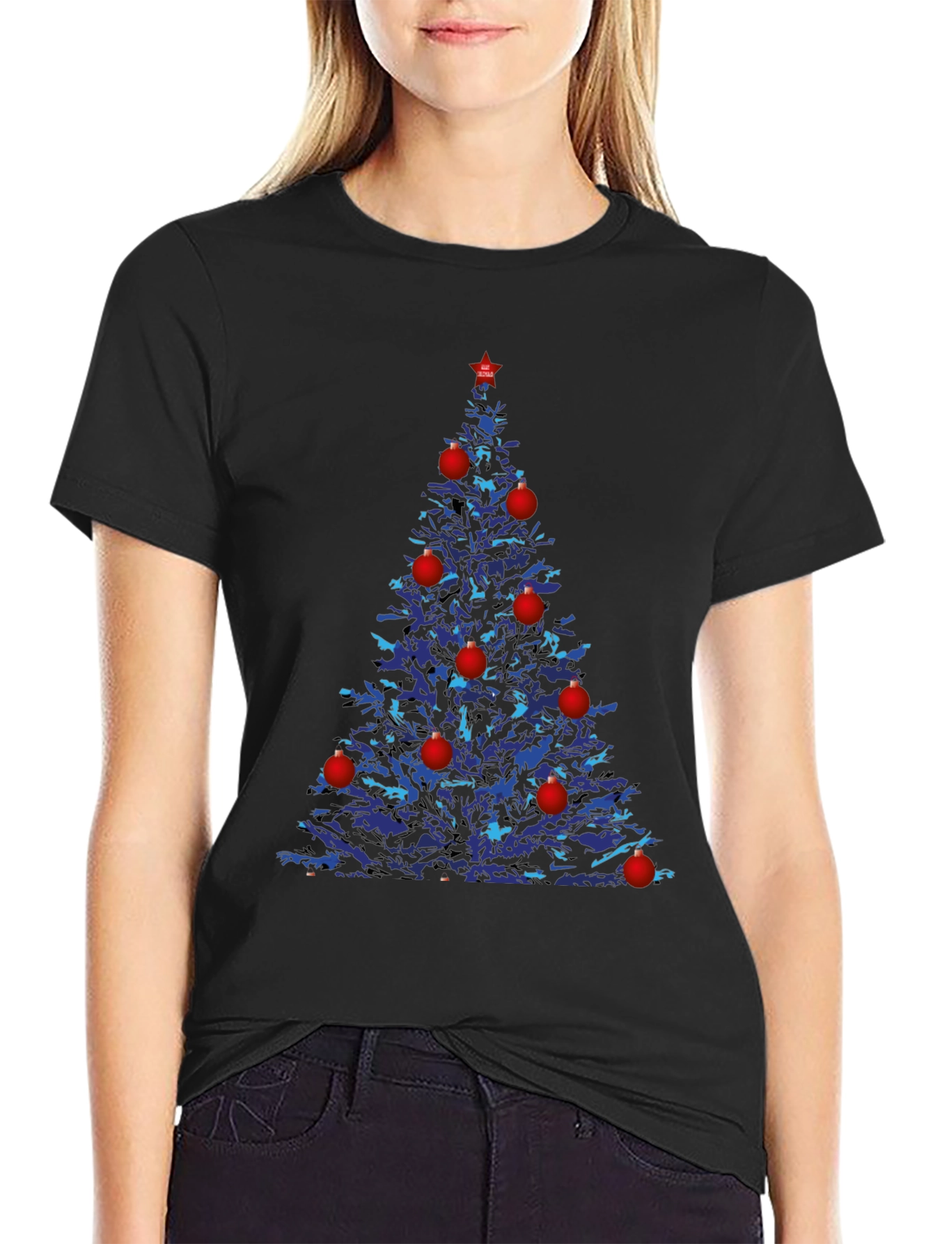 Festive Christmas Tree Graphic Tee - Black