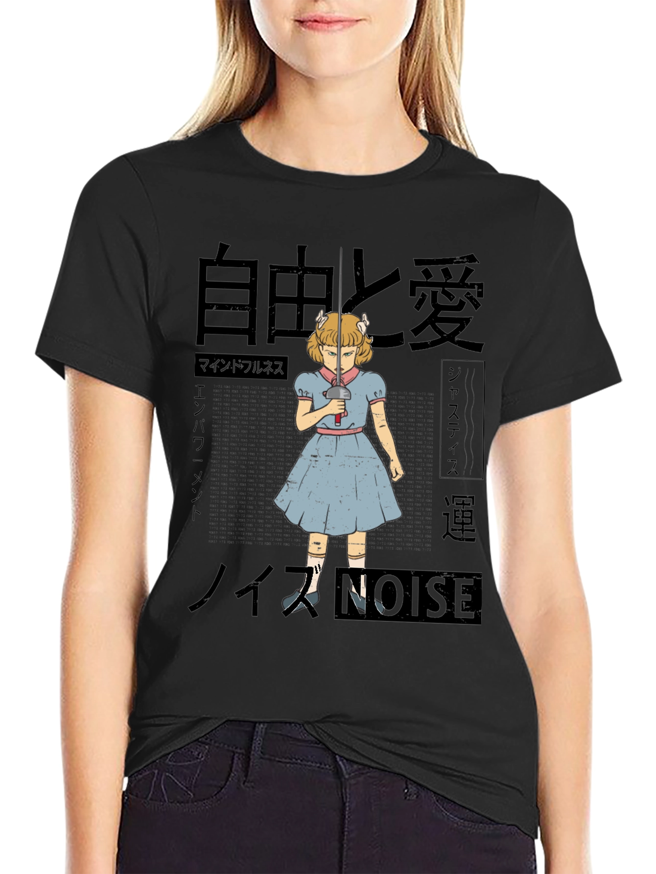 Anime Girl with Sword T-Shirt - Black