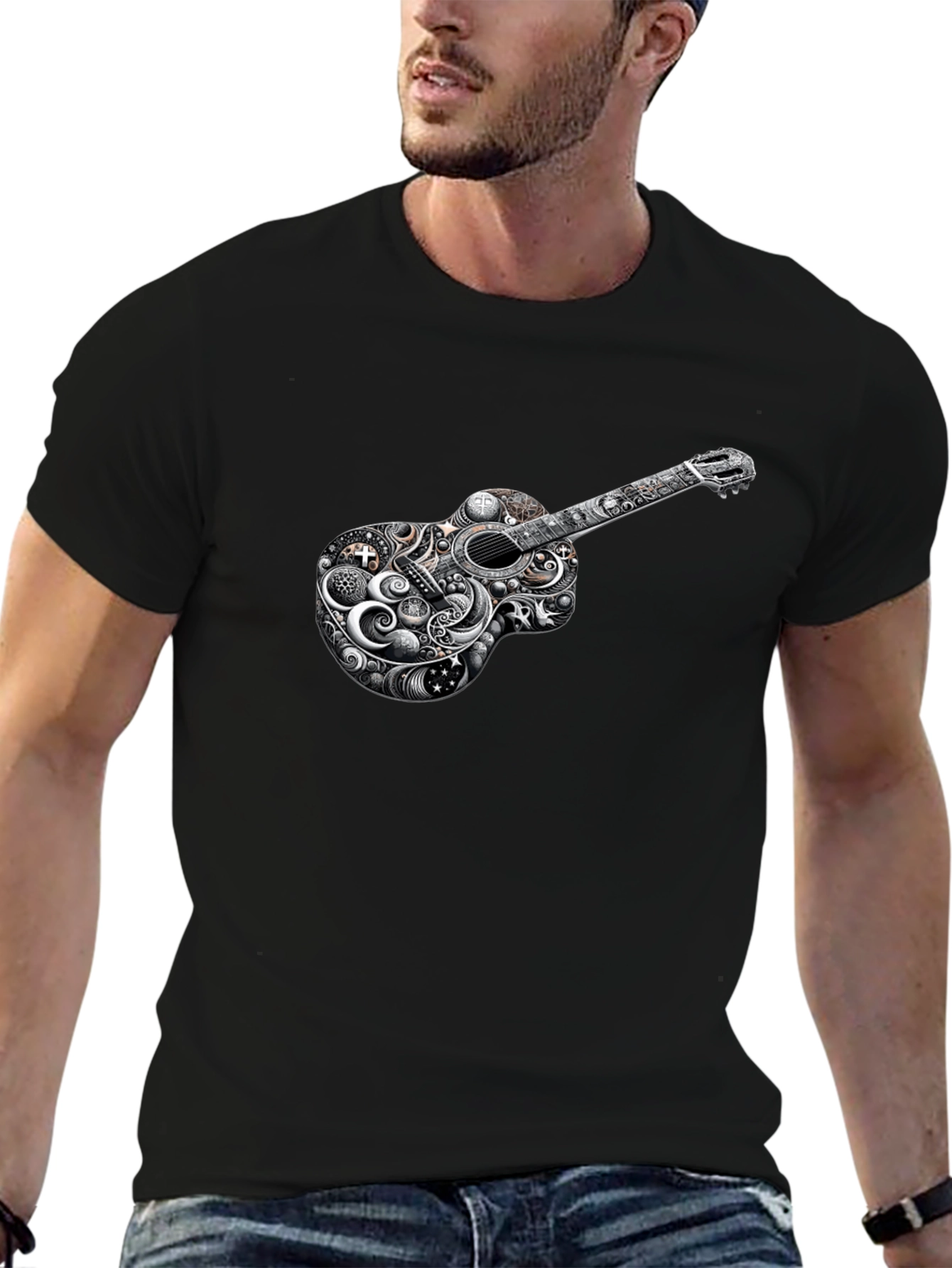 Guitar Art Black T-Shirt Unique Design