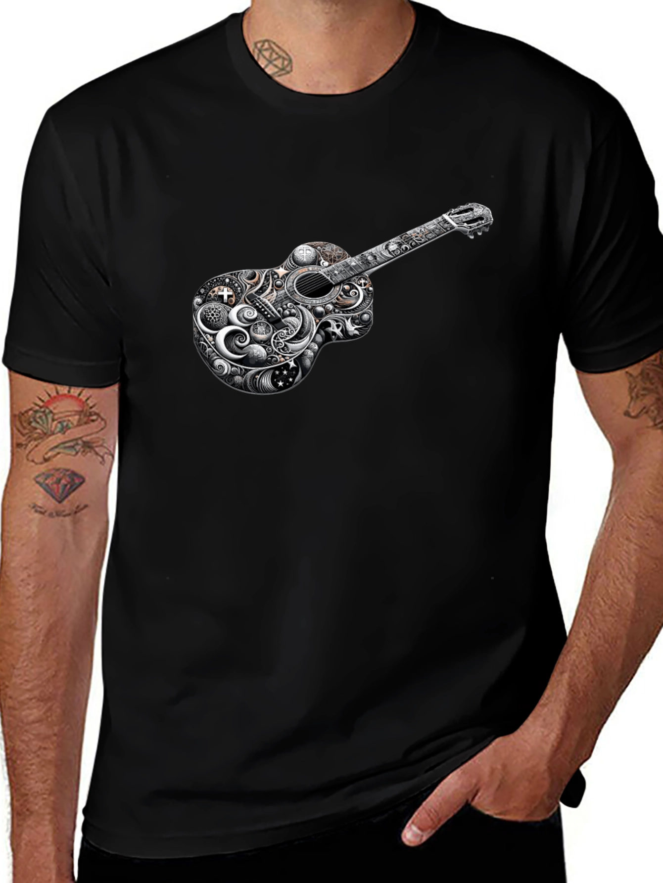 Guitar Art Black T-Shirt Unique Design