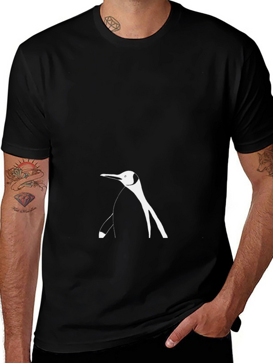 Abstract Penguin Graphic Tee - Black Cotton Blend Casual Top