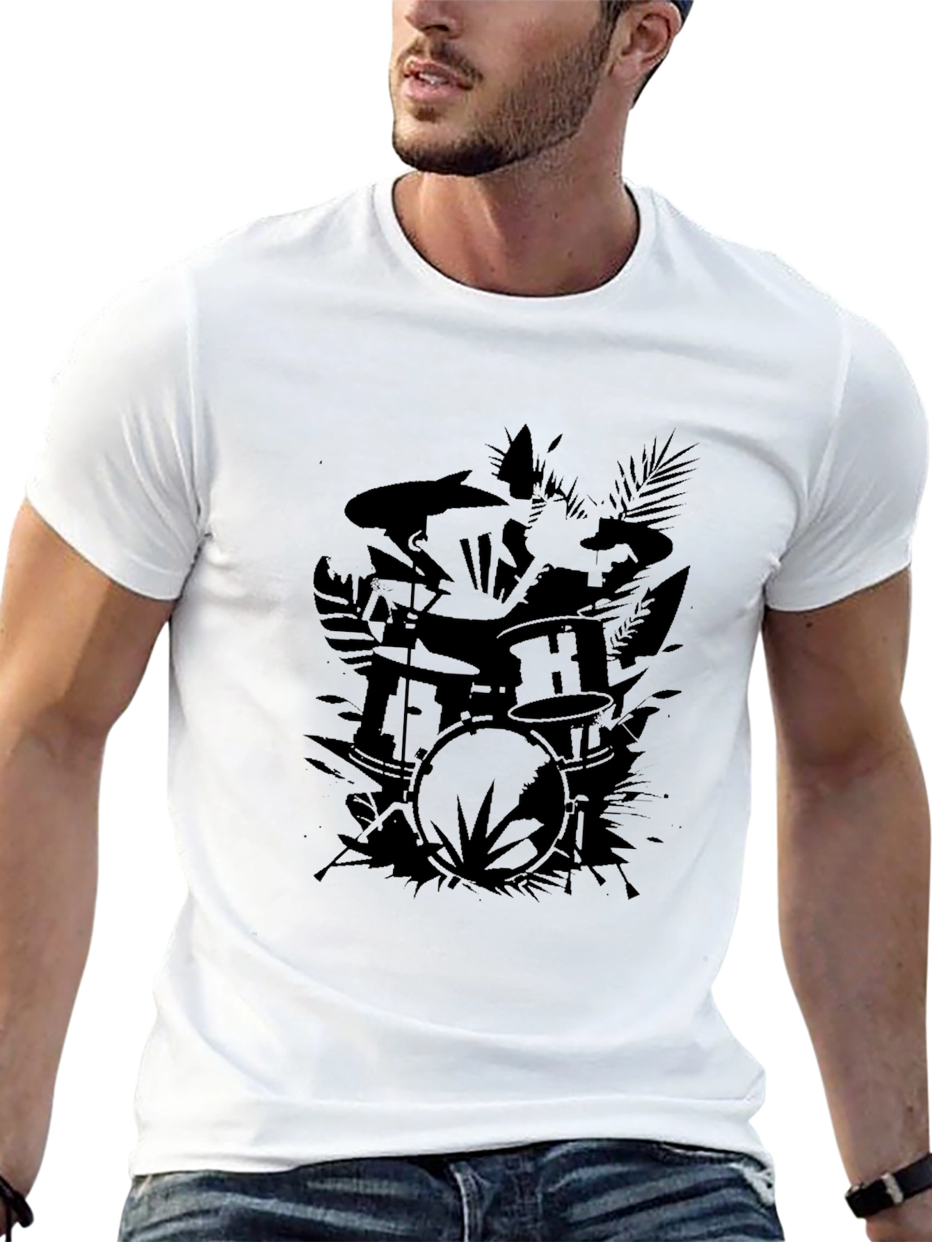 Drum Set Graphic Tee - Black Cotton Casual Shirt
