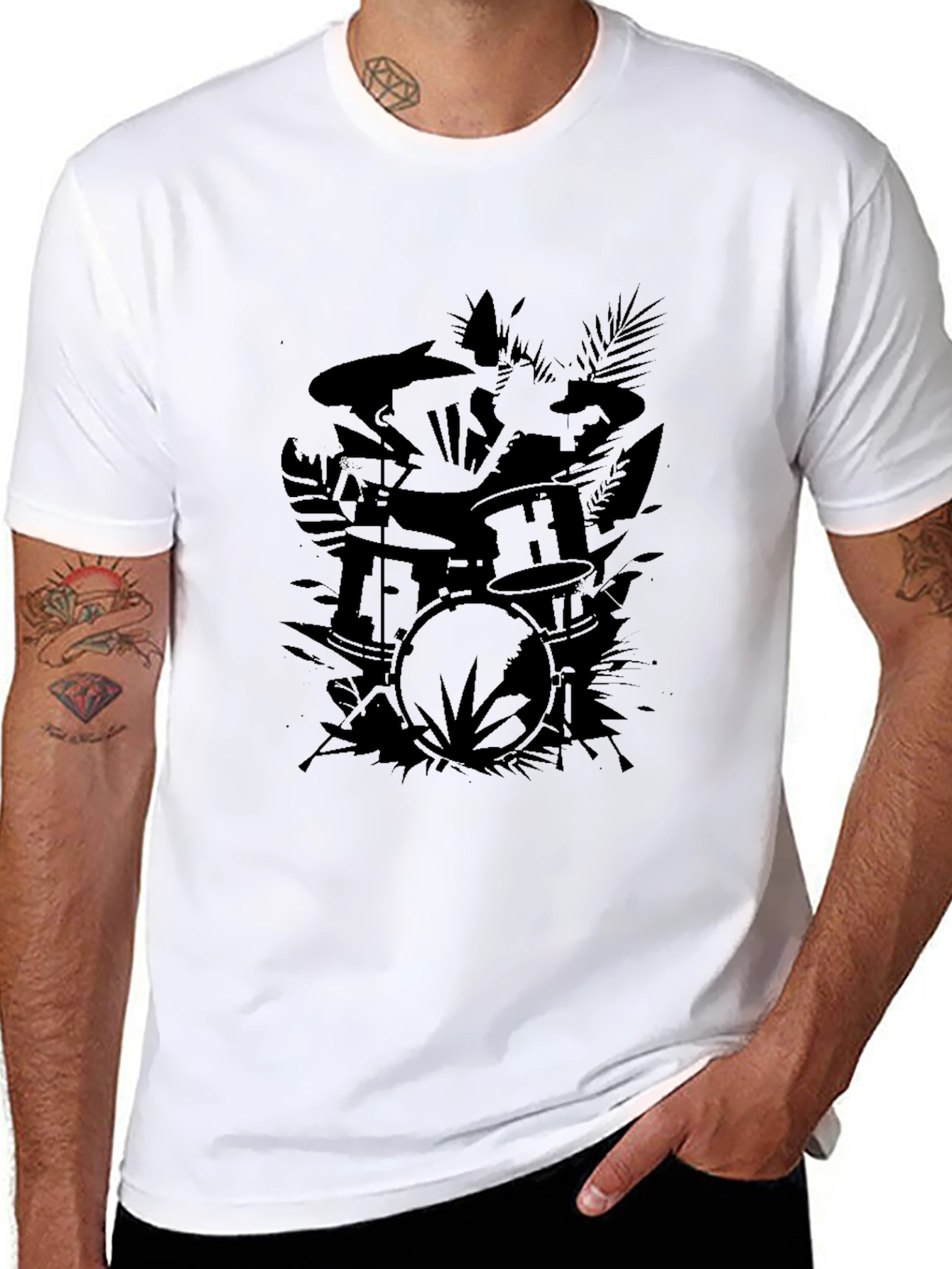 Drum Set Graphic Tee - Black Cotton Casual Shirt