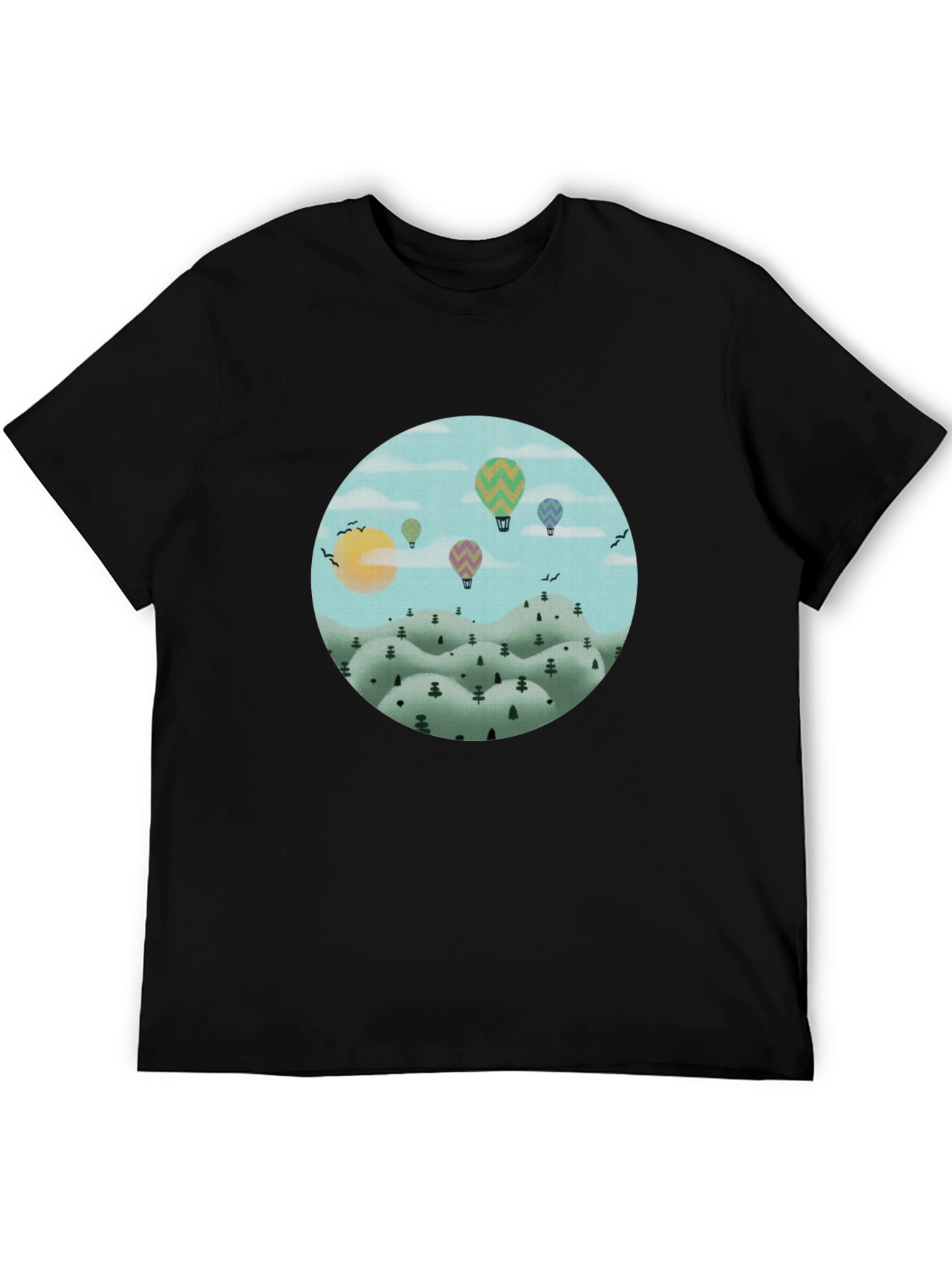 Hot Air Balloon Landscape Graphic Tee - Black Cotton