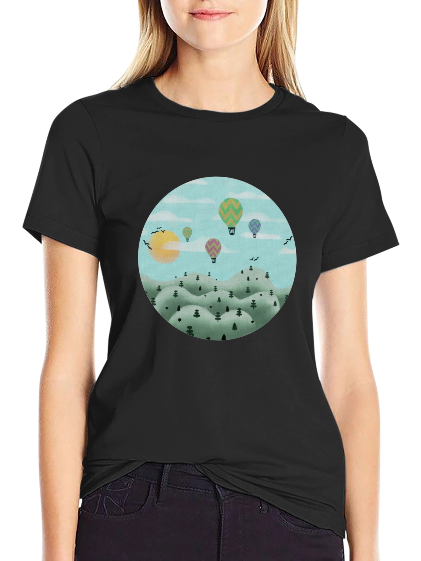 Hot Air Balloon Landscape Graphic Tee - Black Cotton