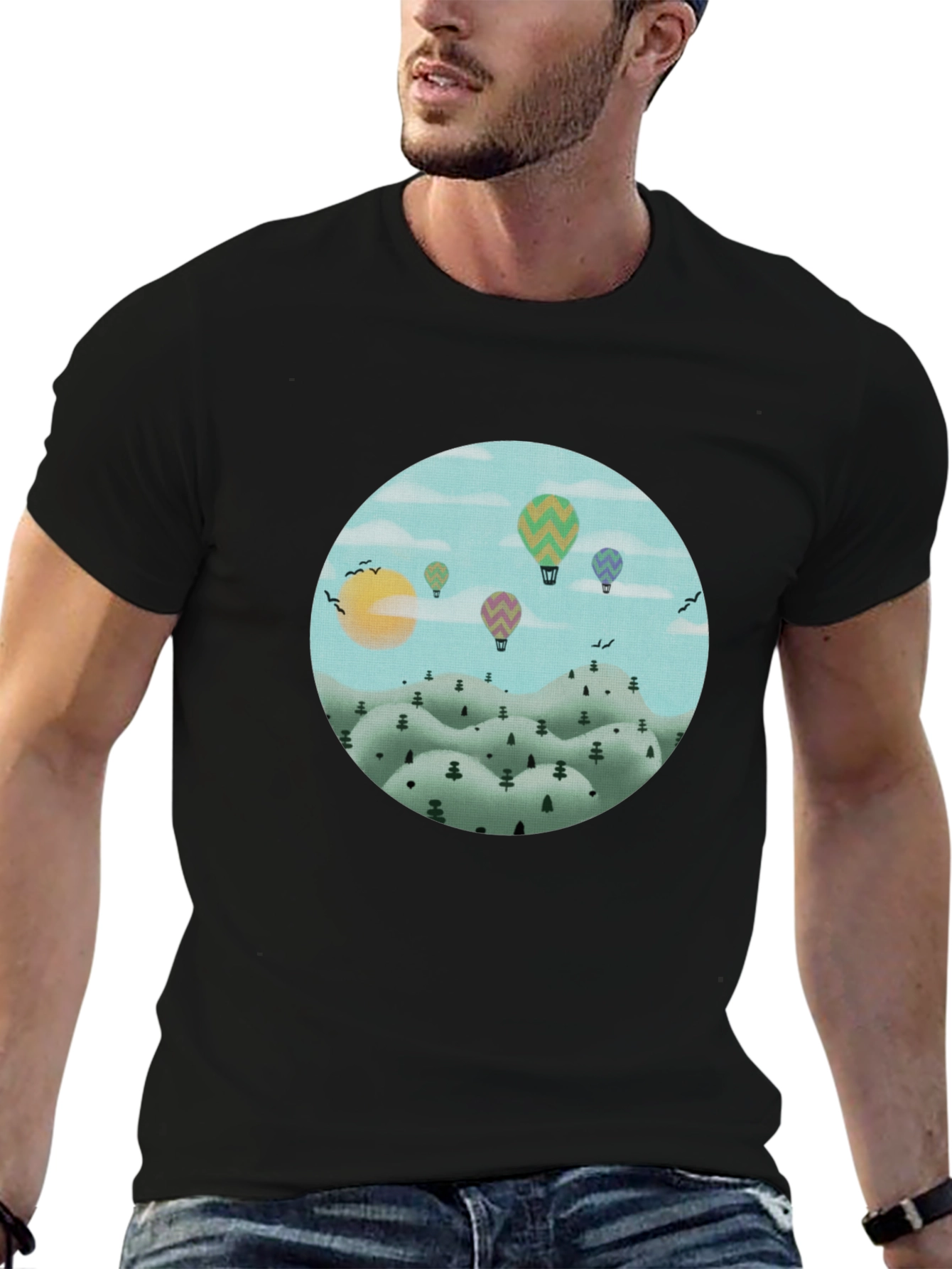 Hot Air Balloon Landscape Graphic Tee - Black Cotton